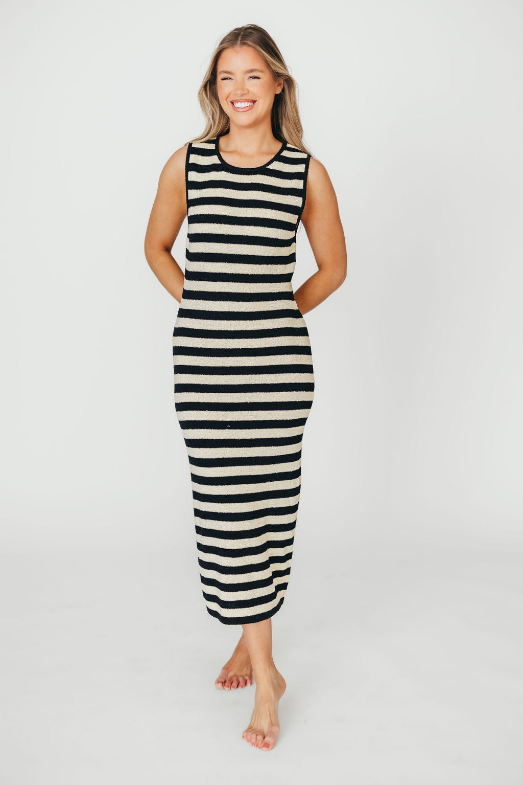 Elsie Knit Midi Dress - Black & Natural Stripe | Women's Casual Summer Dress for Beach, Party & Everyday Wear