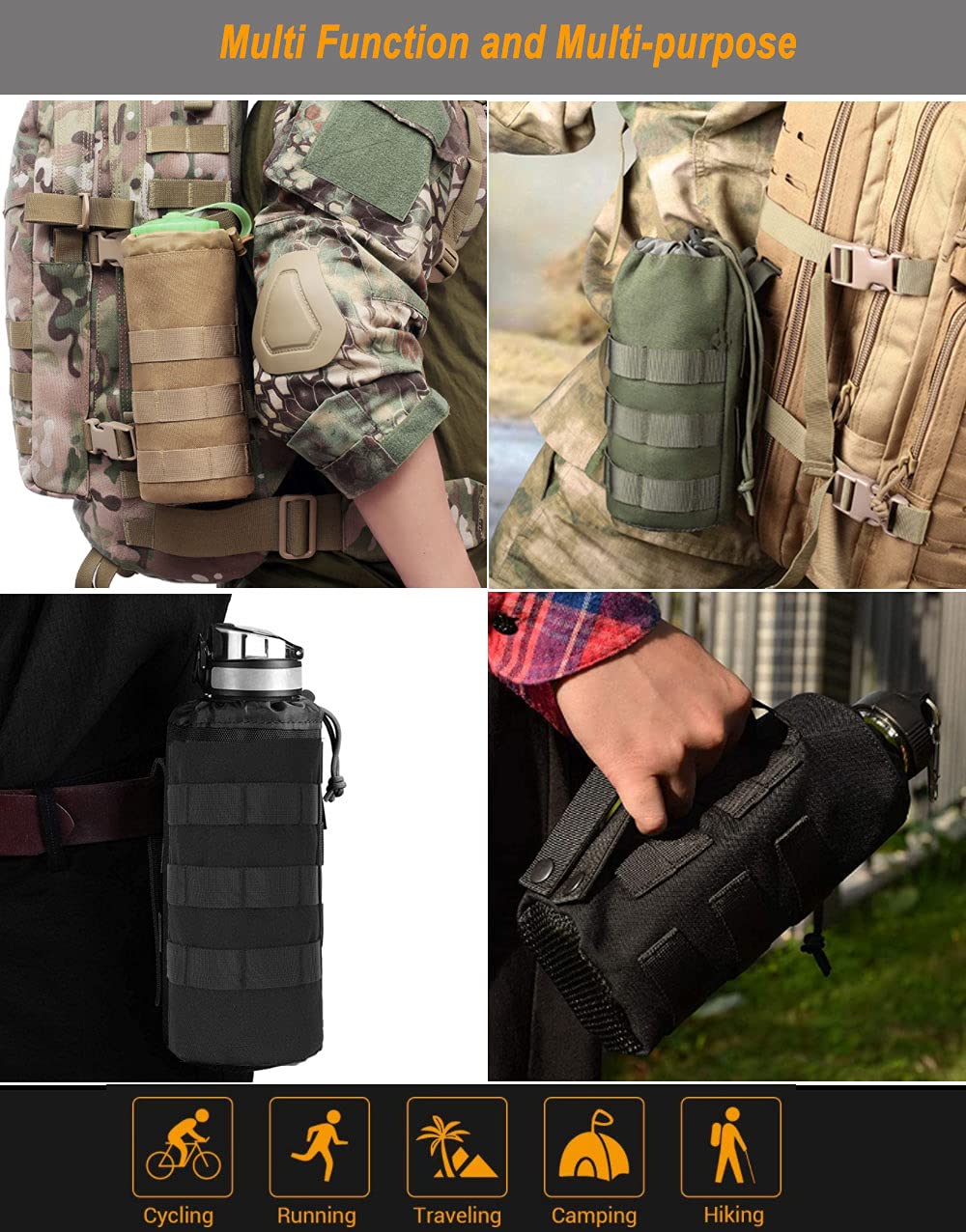 Upgraded 1000D Nylon MOLLE Water Bottle Pouch with Drawstring & Mesh Bottom - Tactical Hydration Holder for Backpack, Running, Hiking, Camping & Outdoor Adventures