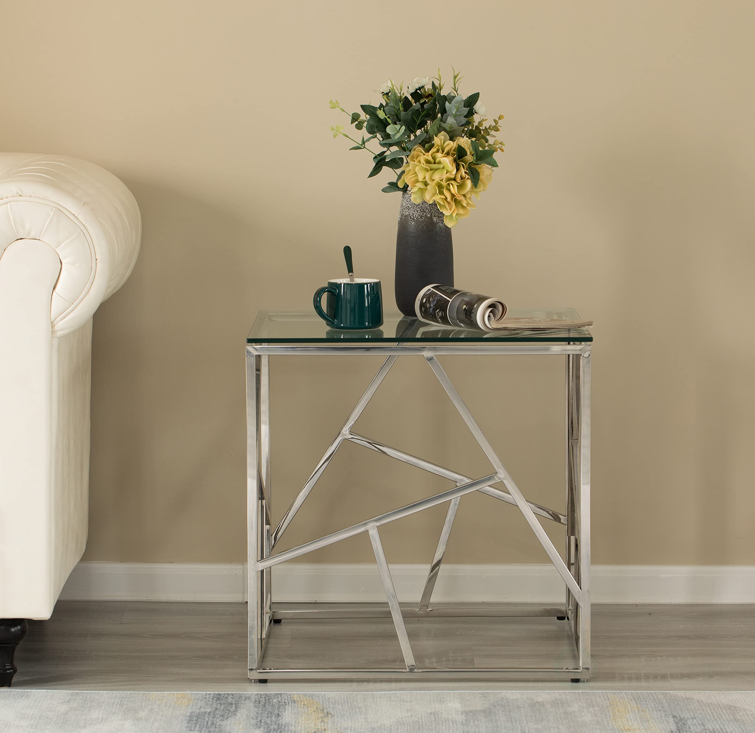 Modern Square End Side Table with Tempered Glass Top - Silver Metal Coffee Table for Living Room, Bedroom & Office Decor