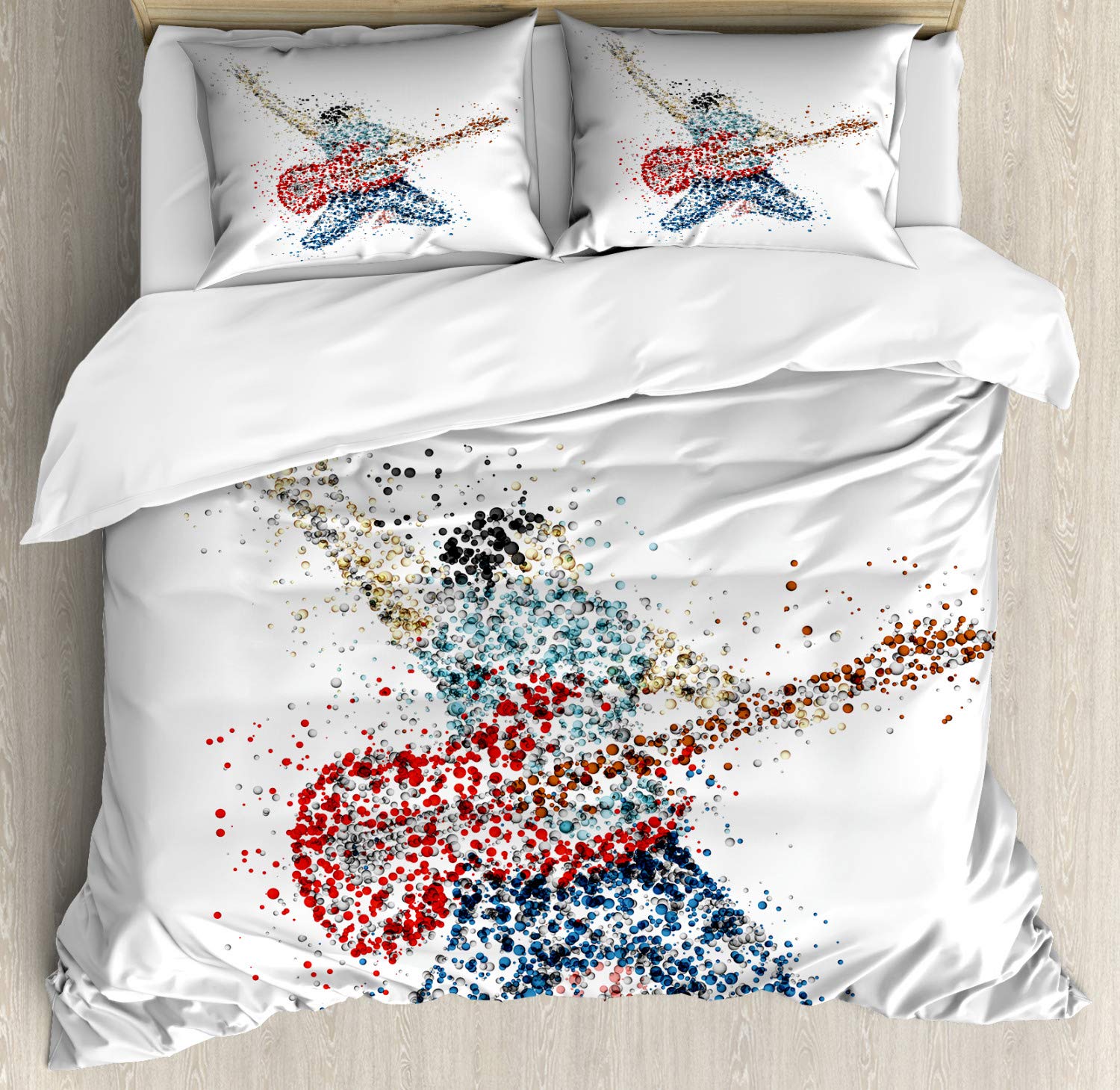 Ambesonne Popstar Party Duvet Cover Set - Vibrant Abstract Guitarist with Colorful Circles & Dots Design, 3-Piece California King Bedding Set with 2 Pillow Shams - Perfect for Music Lovers' Bedrooms, Teen Rooms & Concert-Themed Decor
