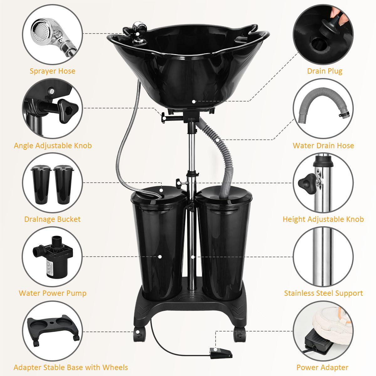 Portable Shampoo Bowl with Electric Pump - Adjustable Height Salon Sink with 2 Buckets & Drain Hoses - Perfect for Home Hair Washing, Mobile Stylists & Beauty Professionals