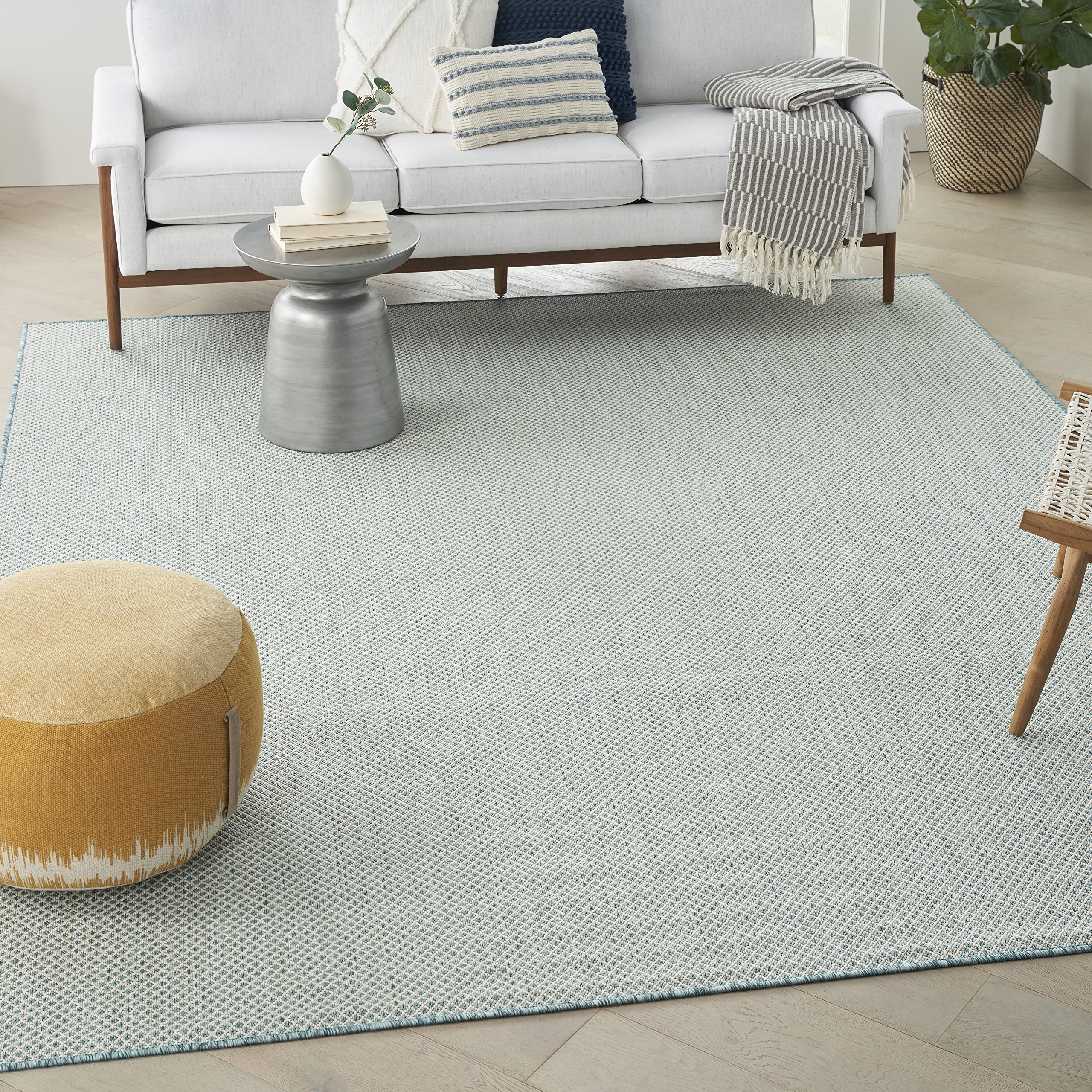 Nourison Courtyard 7' x 10' Indoor/Outdoor Area Rug - Ivory Aqua Geometric Design, Easy to Clean, Non-Shedding | Perfect for Bedroom, Living Room, Dining Room, Deck, Patio & Backyard (7x10)