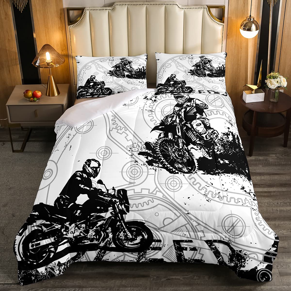 Motocross Dirt Bike Comforter Set - Twin Size Extreme Sports Bedding for Teens & Kids Boys, Black & White Retro Quilted Duvet Cover with Pillowcase - Perfect for Motocross Themed Bedrooms & Racing Enthusiasts