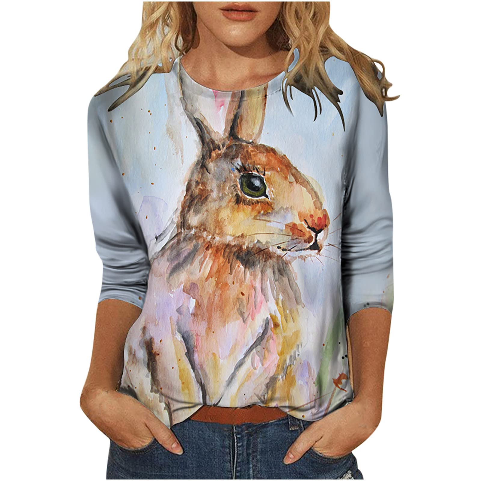 Women's Summer Tops - Easter Graphic Tees with 3/4 Sleeves | Cute Casual Tunic Shirts, Round Neck Loose Blouse for Comfort | Perfect for Beach Outings, Easter Celebrations & Everyday Wear