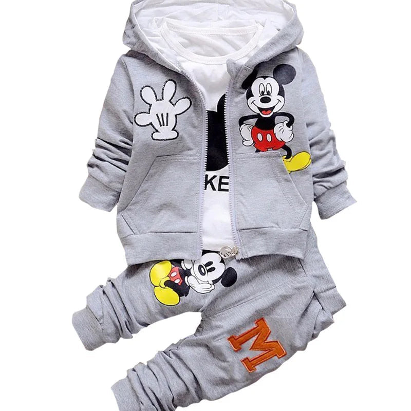 Cartoon Mickey & Minnie Printed Boys Girls 3-Piece Outfit Set - Long Sleeve Shirt, Hooded Coat & Pants for Toddlers | Fall Autumn Kids Clothes with Embroidery | Perfect for Playdates, Preschool & Family Outings