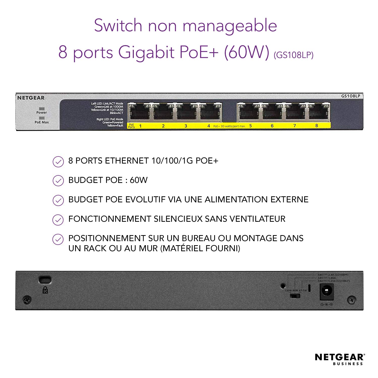 Netgear GS108LP 8-Port Gigabit Ethernet Switch (10/100/1000 Mbps) - Unmanaged, 1U Rack Mount, Power over Ethernet (PoE) Support - Ideal for Home Office & Small Business Network Setup