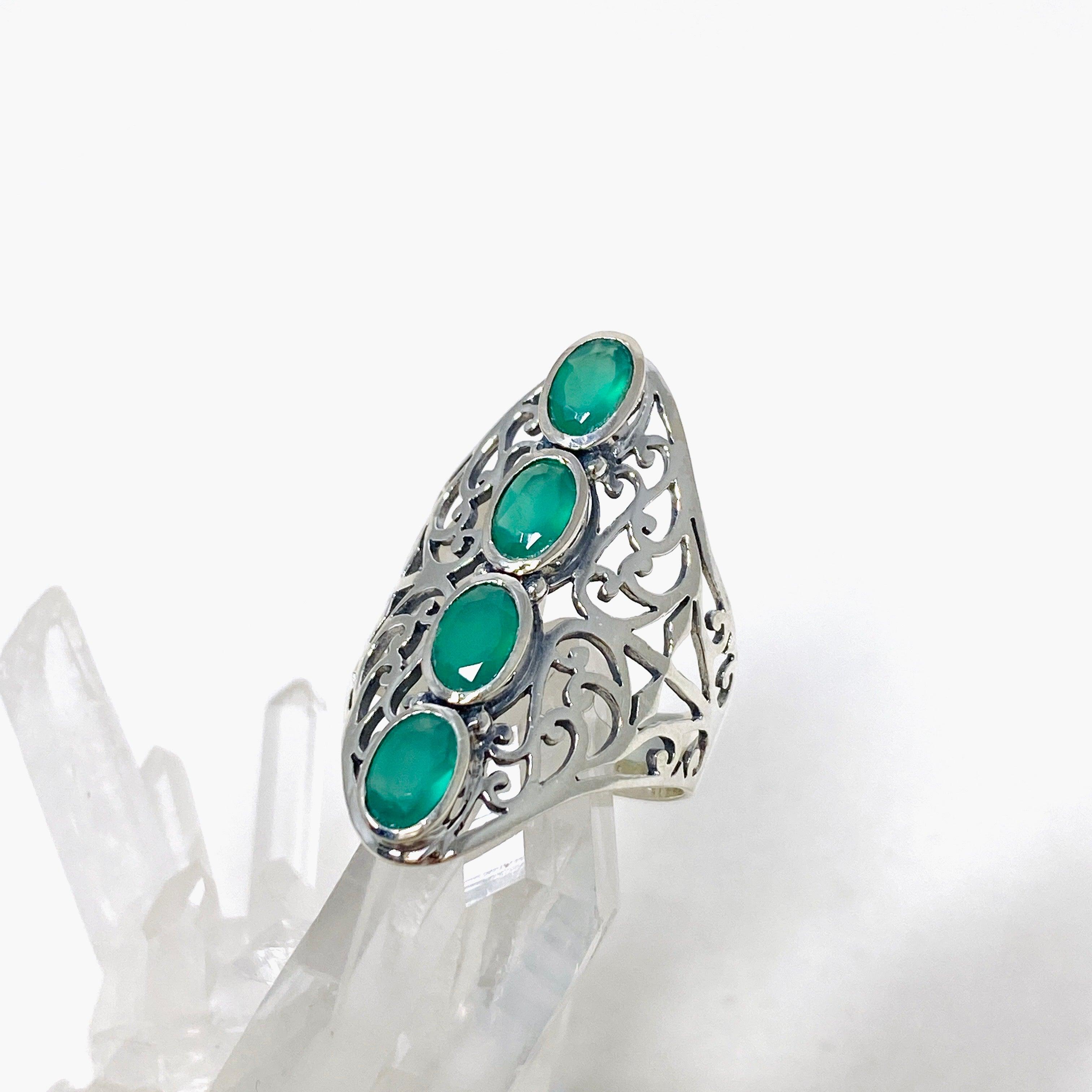Green Chalcedony Faceted Multi-Stone Filigree Ring R3608 – Elegant Jewelry for Women, Perfect for Weddings, Parties & Special Occasions