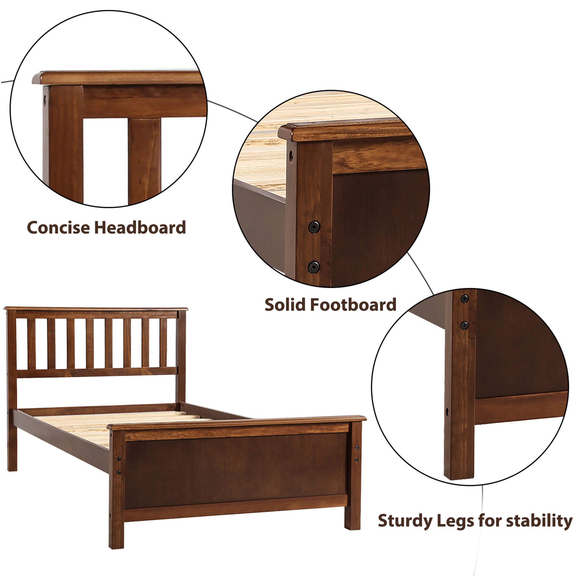 P PURLOVE Twin Size Wood Platform Bed Frame with Headboard & Footboard - Sturdy Wood Slat Support, No Box Spring Needed - Walnut Finish - Perfect for Small Bedrooms, Dorms & Guest Rooms