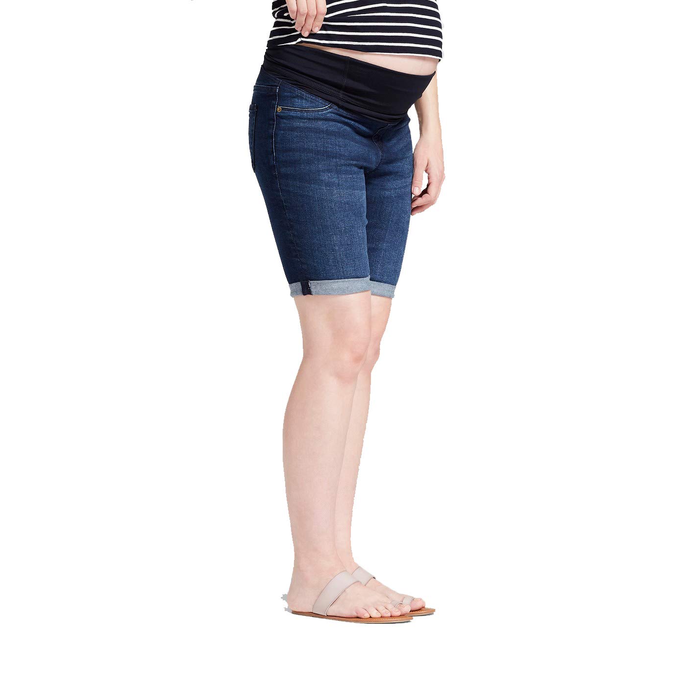 Ingrid & Isabel Women's Maternity Mid Rise Crossover Panel Bermuda Jean Shorts - Comfortable Stretch Denim Shorts for Pregnancy - Dark Wash Size 14 - Perfect for Summer, Casual Wear & Maternity Outfits
