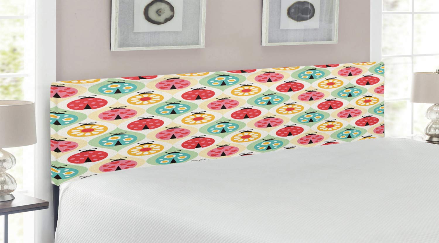 Ambesonne Retro Upholstered Metal Headboard - Ladybugs Cartoon Pattern with Polka Dots, Daisy Blossoms & Hearts, King Size Memory Foam Bed Headboard | Perfect for Kids' Rooms, Nursery Decor & Vintage Themed Bedrooms