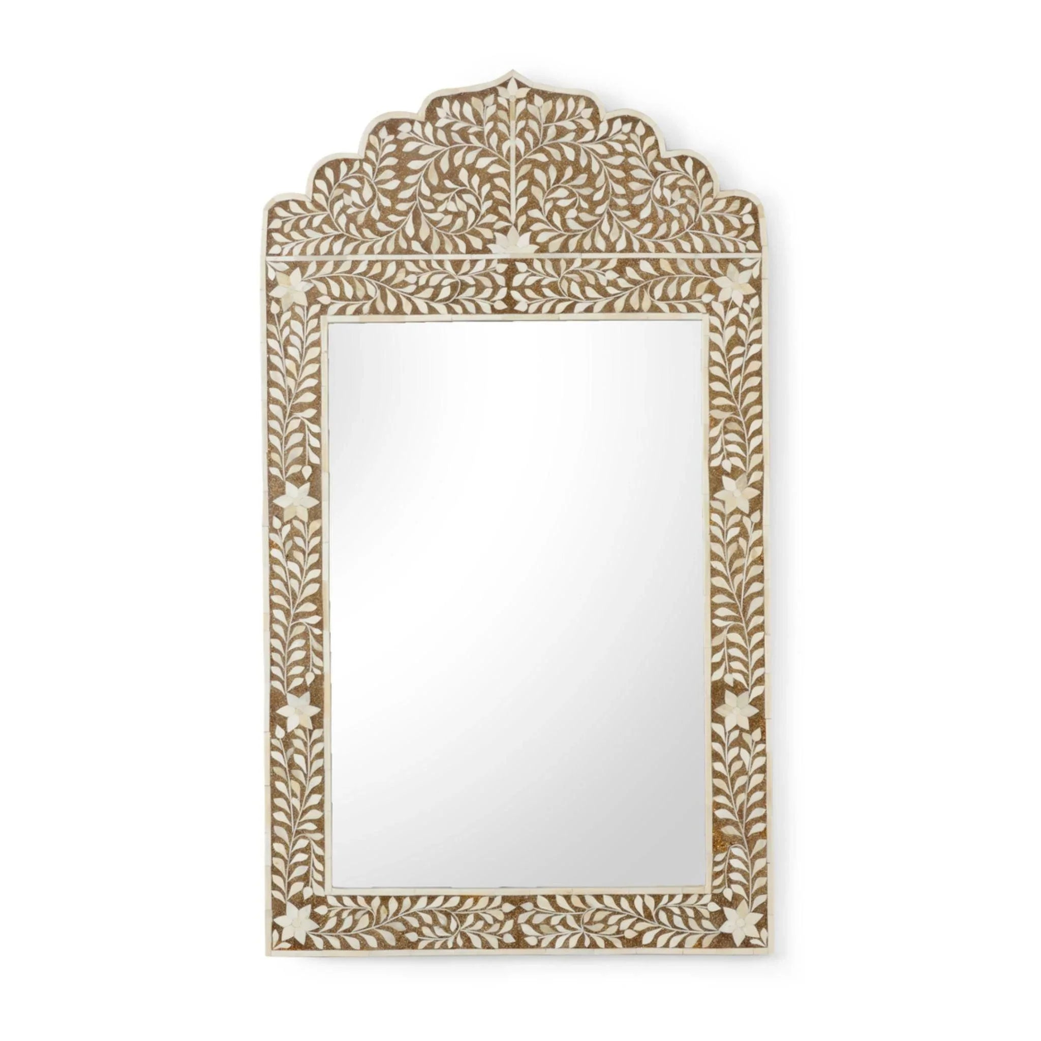Exquisite Brown and White Bone Inlay Wood Mirror - Handcrafted Vintage Wall Decor for Boho Chic Bedroom, Living Room & Entryway