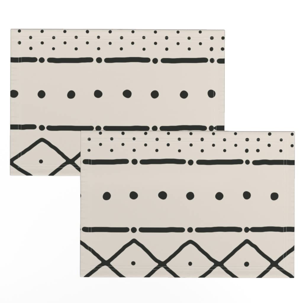 Premium Linen Cotton Canvas Placemats Set of 2 - Black African Mudcloth Tribal Print Table Mats for Dining Room Decor | Washable & Durable for Everyday Use, Dinner Parties, and Special Occasions