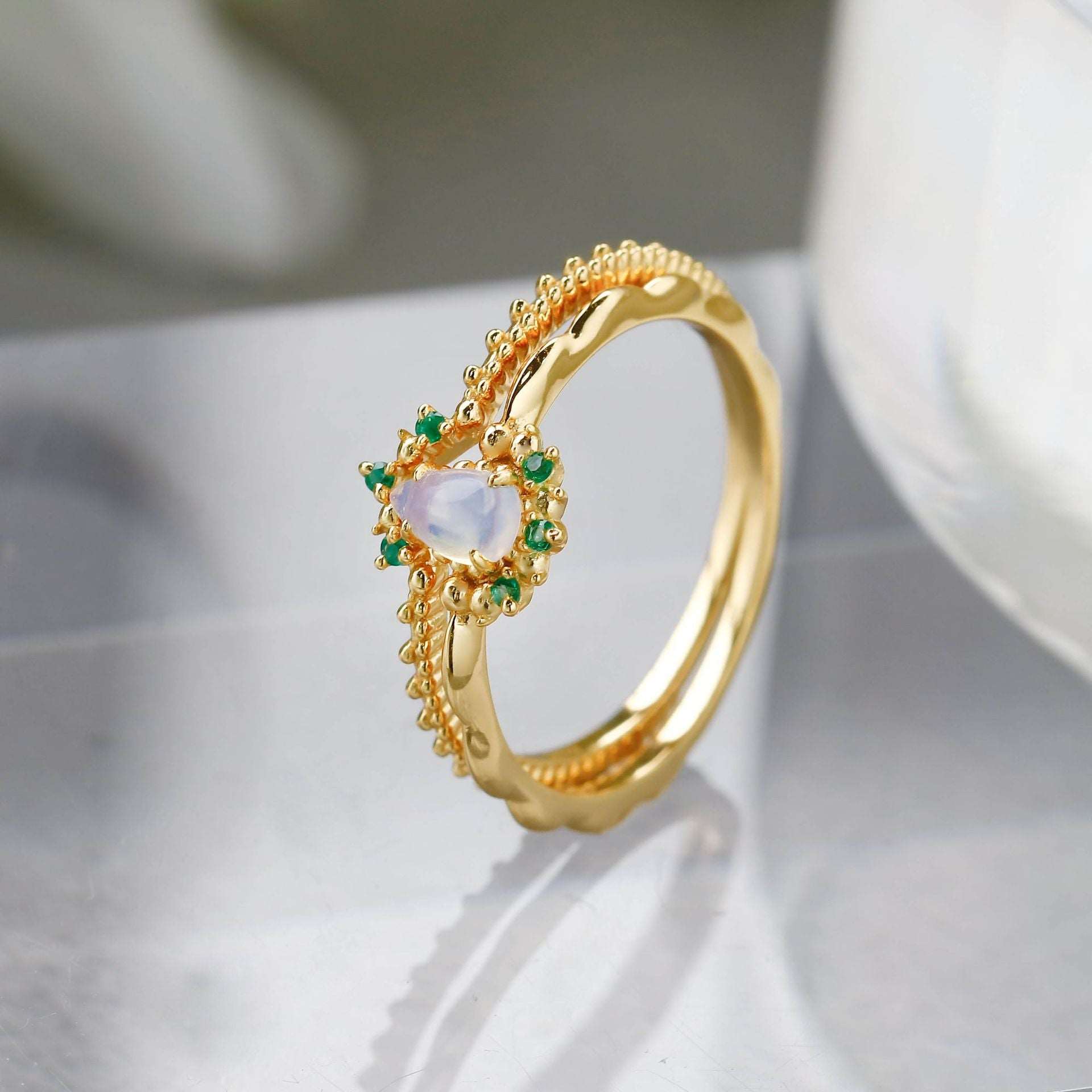14K Gold Opal Birthstone Curved Ring Set for Women - October Birthstone Jewelry Gift | Elegant Stackable Rings for Anniversary, Birthday & Special Occasions | TB2154