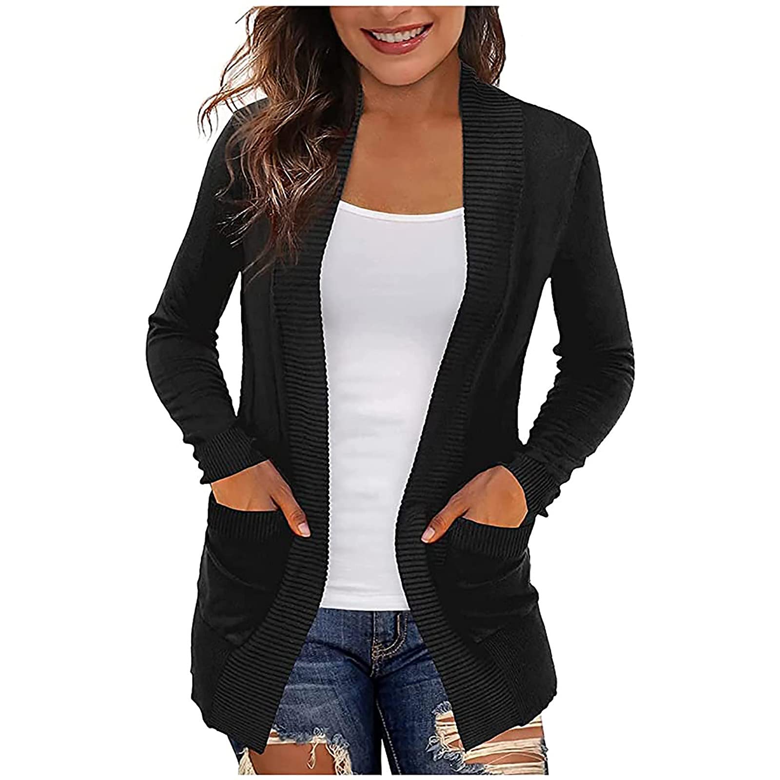 Women's Knit Cardigan Sweater - Plus Size Long Tunic Coat with Waffle Ribbed Design | Fashionable Layering for Fall & Winter, Office Wear & Casual Outfits