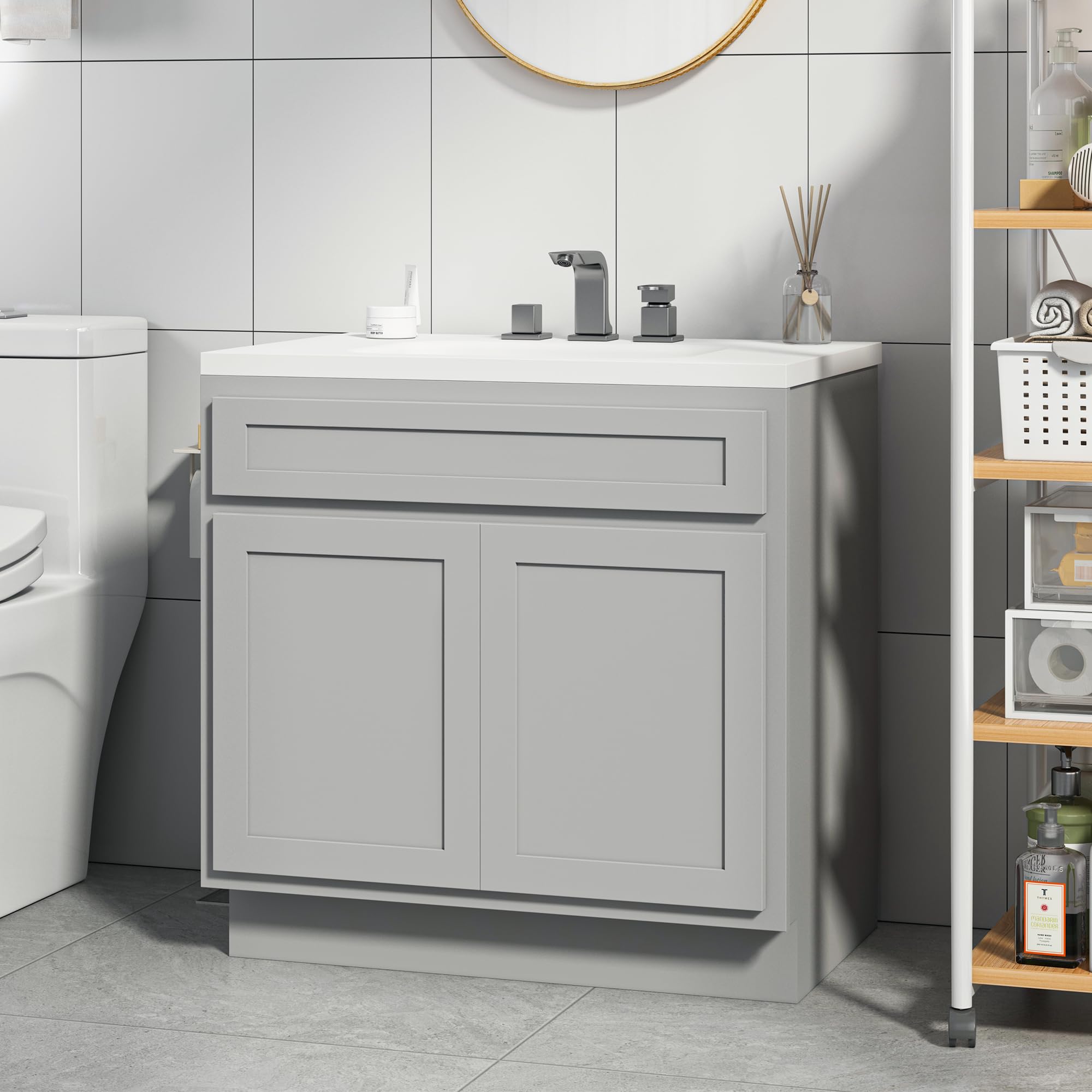 Vanity Art 30 Inch Double Shutter Door Bathroom Vanity Base Cabinet with Soft Closing Shaker Drawer - Sturdy Floor Mount Storage Organizer for Bathroom, Bedroom, Living Room & Kitchen (VA4030G) - Perfect for Small Space Organization and Modern Home Decor