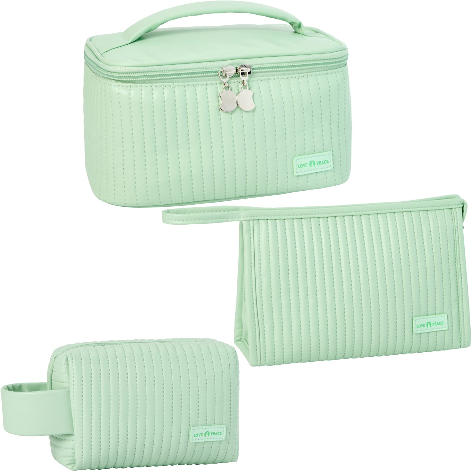 MIRASON 3-Piece Waterproof Makeup Bag Set for Women - Travel & Toiletry Organizer - Green PU Leather Cosmetic Pouch
