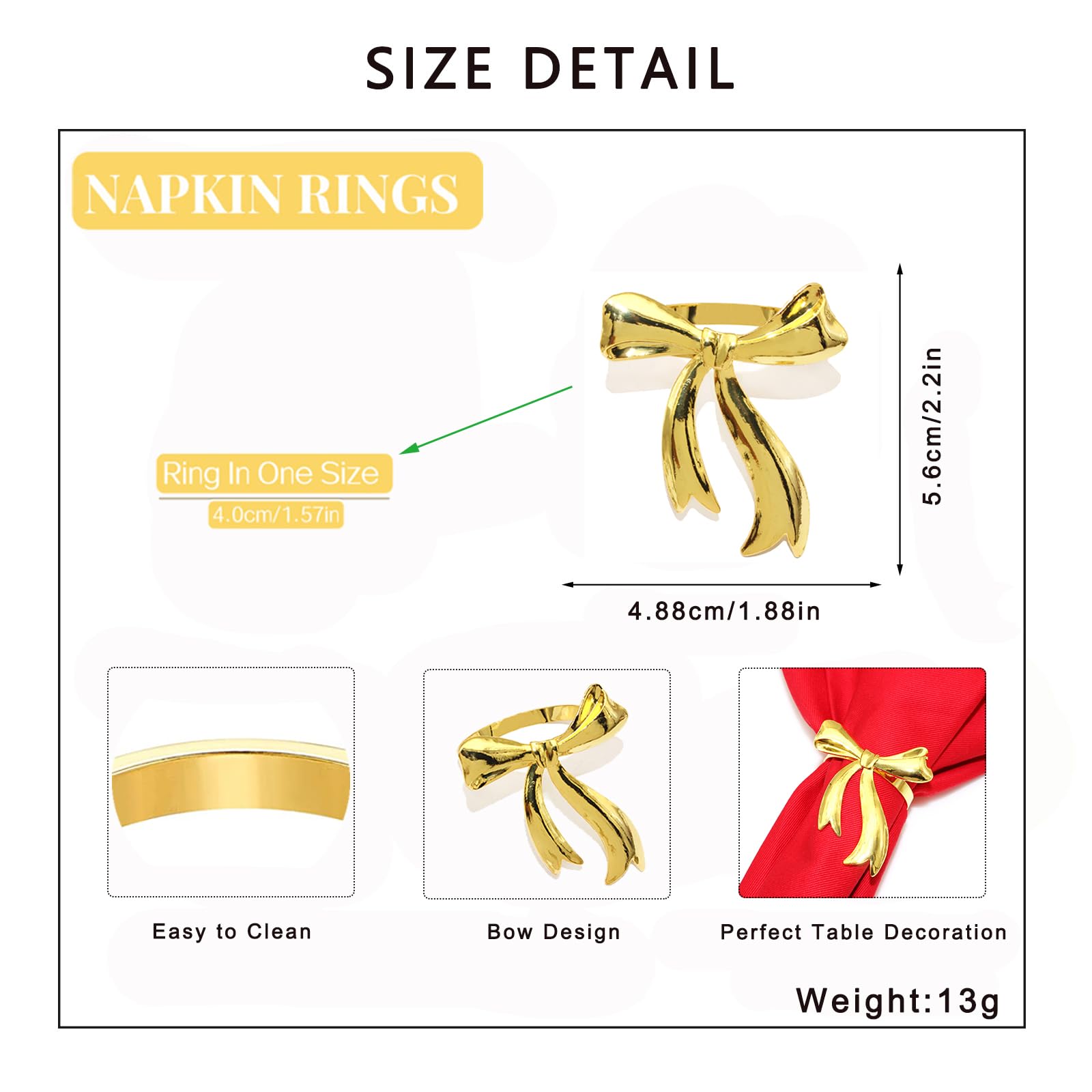 6-Pack Gold Napkin Rings Set - Elegant Bowknot Napkin Holders for Christmas Dinner, Wedding Banquet, Holiday Party & Family Gathering Table Decor - Perfect for Formal Dining, Restaurant Settings & Special Occasions (Gold)
