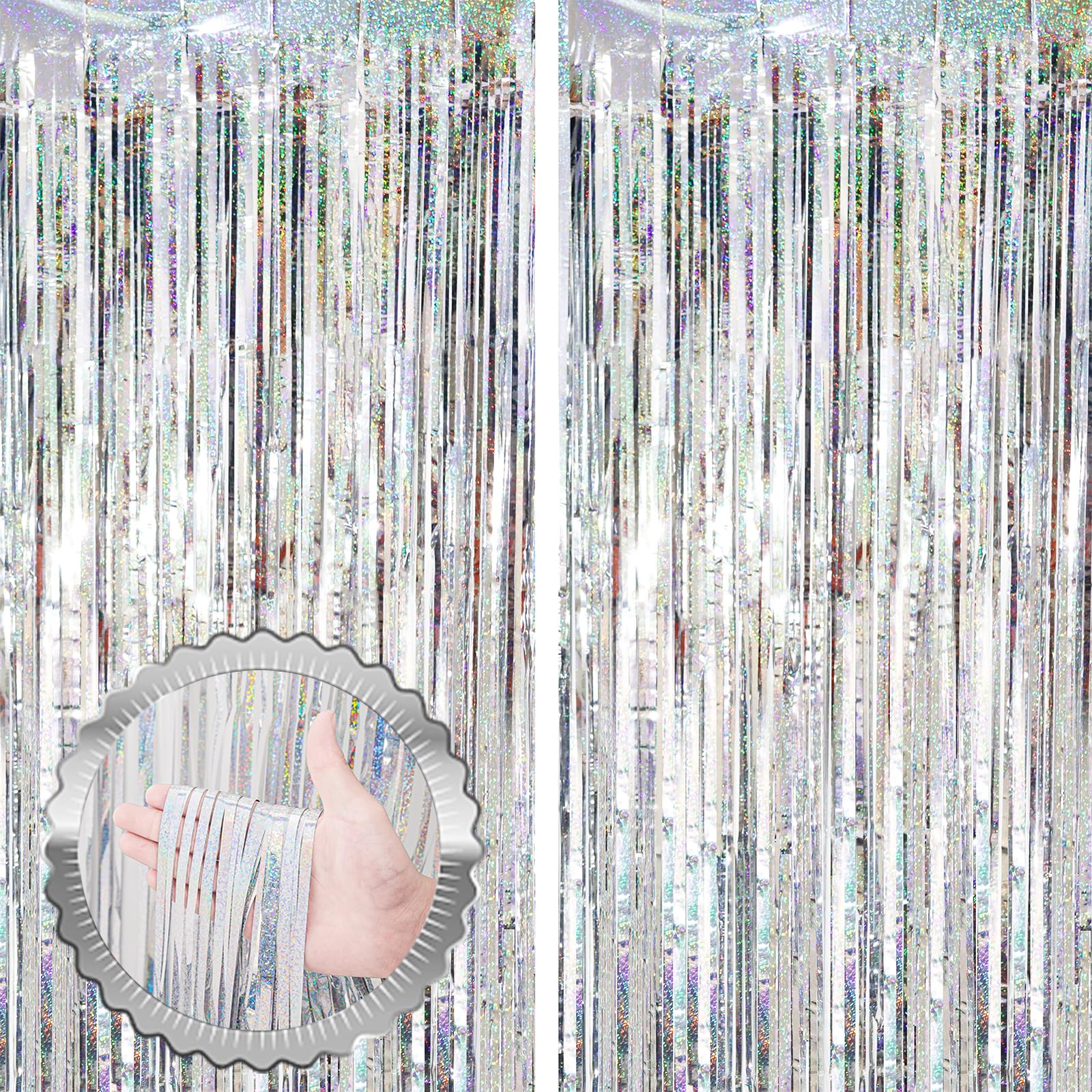 2 Pack Silver Laser Tinsel Foil Fringe Curtains - Metallic Party Streamers Backdrop for New Year, Birthday, Halloween & Wedding Decorations | Perfect for Photo Booths, Stage Designs & Festive Celebrations