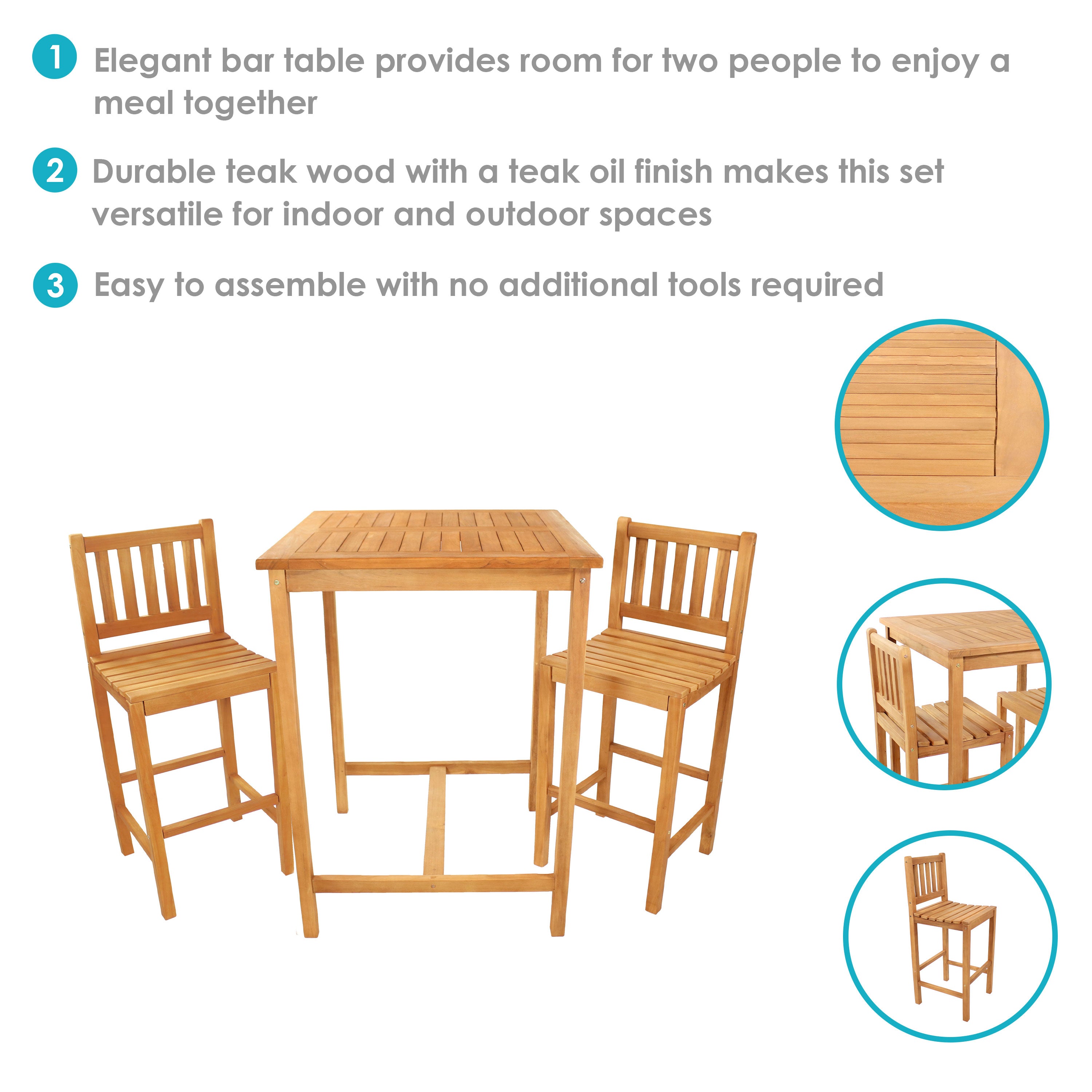 Sunnydaze 3-Piece Wooden Patio Bar Set - Outdoor Bar Height Table with 2 Chairs for Backyard, Deck, Garden & Poolside Dining
