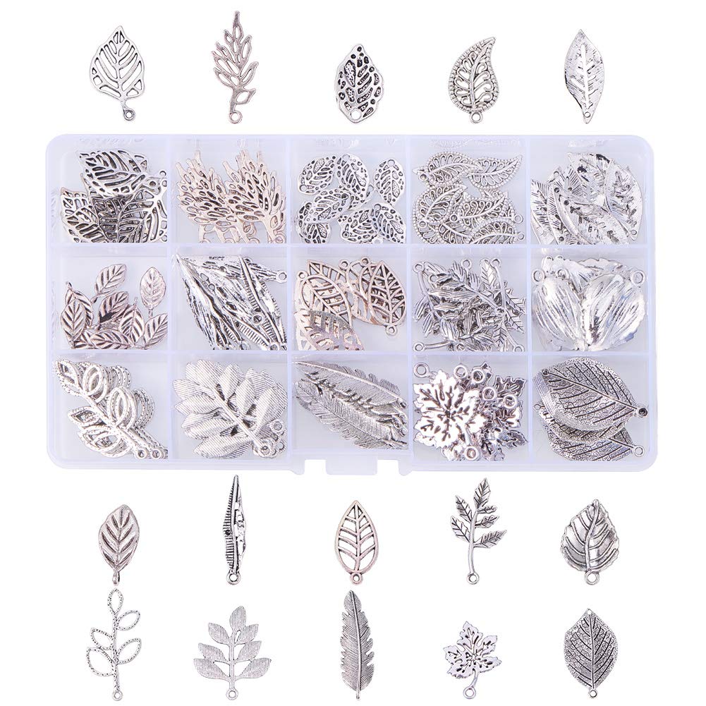 150pcs Antique Silver Tibetan Alloy Leaf Charms - 15 Styles Filigree Metal Pendants for Jewelry Making, DIY Bracelets & Necklaces | Perfect for Spring & Fall Fashion Accessories, Boho Jewelry Crafting, Nature-Inspired Designs