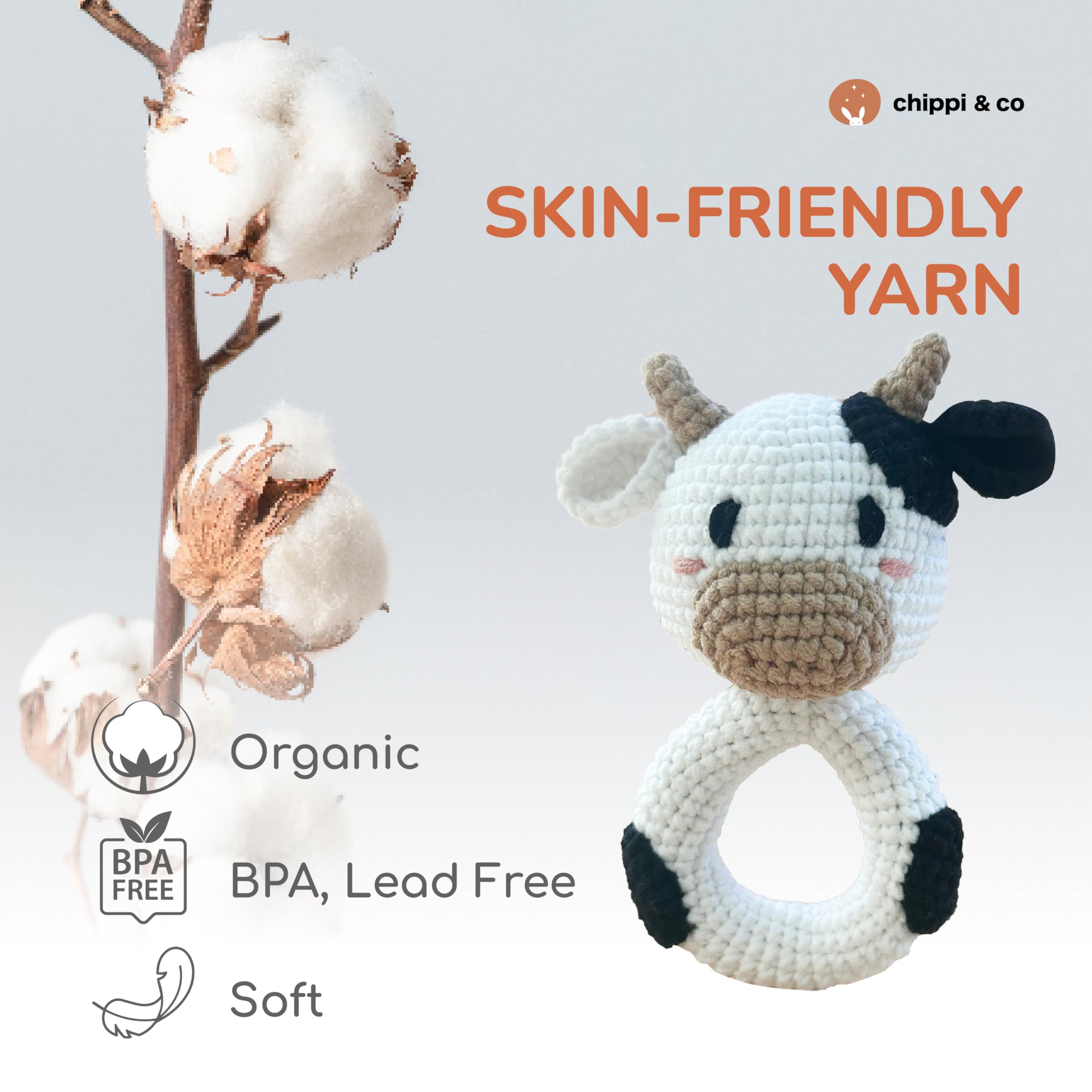 Organic Crochet Baby Rattle Toy - Handmade Stuffed Cow for Newborns, Perfect Baby Shower Gift for Boys & Girls