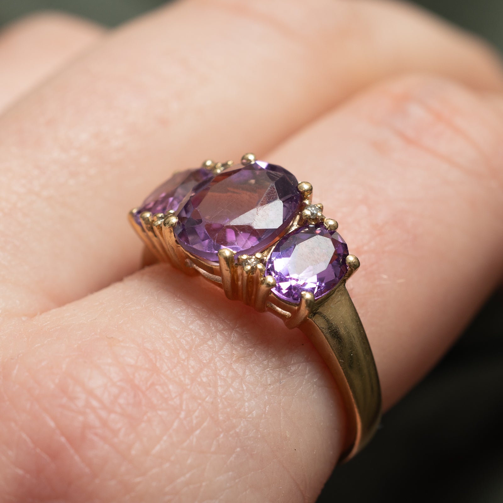 3.50ctw Three Stone Amethyst & Diamond Cocktail Ring - Size 9 | 0.02ctw Diamond Accents | Elegant Statement Jewelry for Evening Parties & Special Occasions