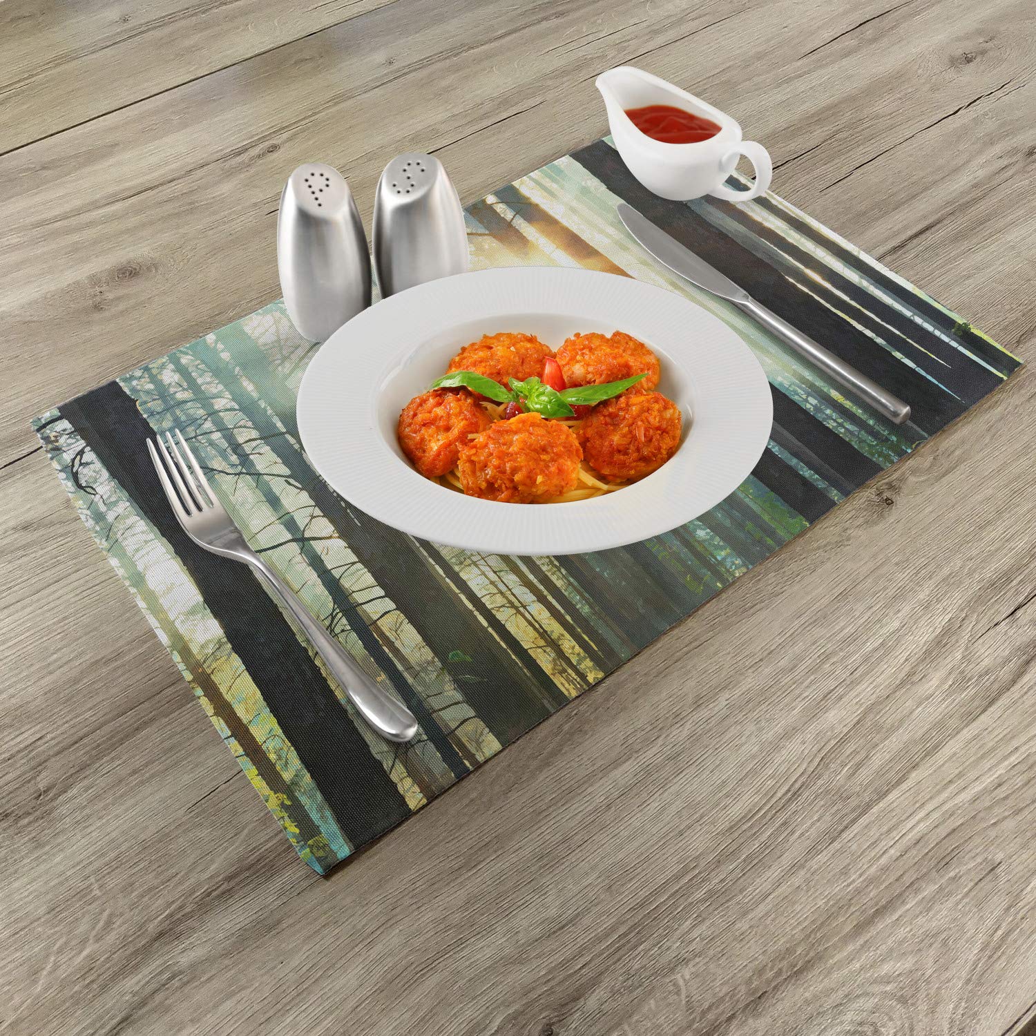 Ambesonne 4-Piece Nature Placemats Set - Enchanted Forest Mist with Sunbeams Digital Art, Washable Fabric Table Mats for Dining Room & Kitchen Decor in Seafoam Dark Brown | Perfect for Dinner Parties, Holiday Gatherings & Everyday Meals
