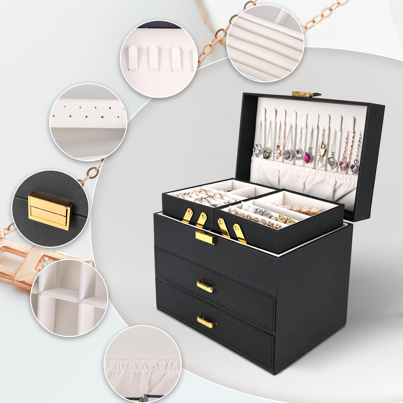 Dajasan 4-Layer Jewelry Box Organizer for Women - Large Jewelry Storage Case for Earrings, Rings, Necklaces & Bracelets - Perfect for Bedroom Vanity, Travel & Gift (Black)