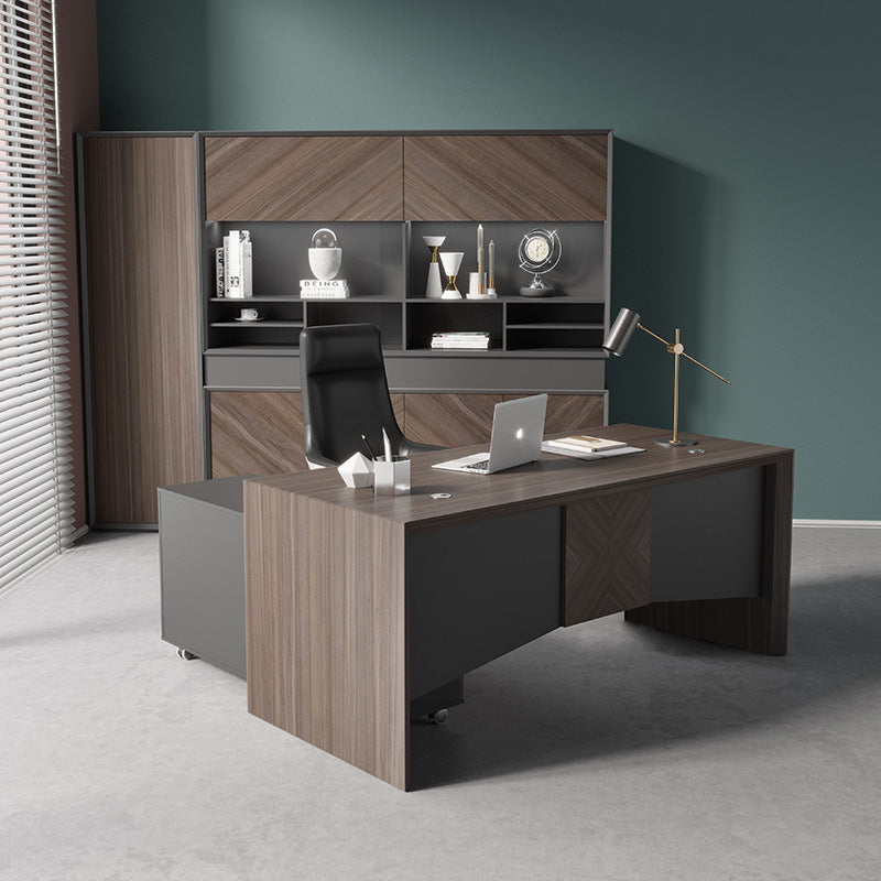 MONTE 180cm Executive Desk with Reversible Mobile Return - Hazelnut & Grey Finish - Modern Office Desk for Home & Business Workspaces