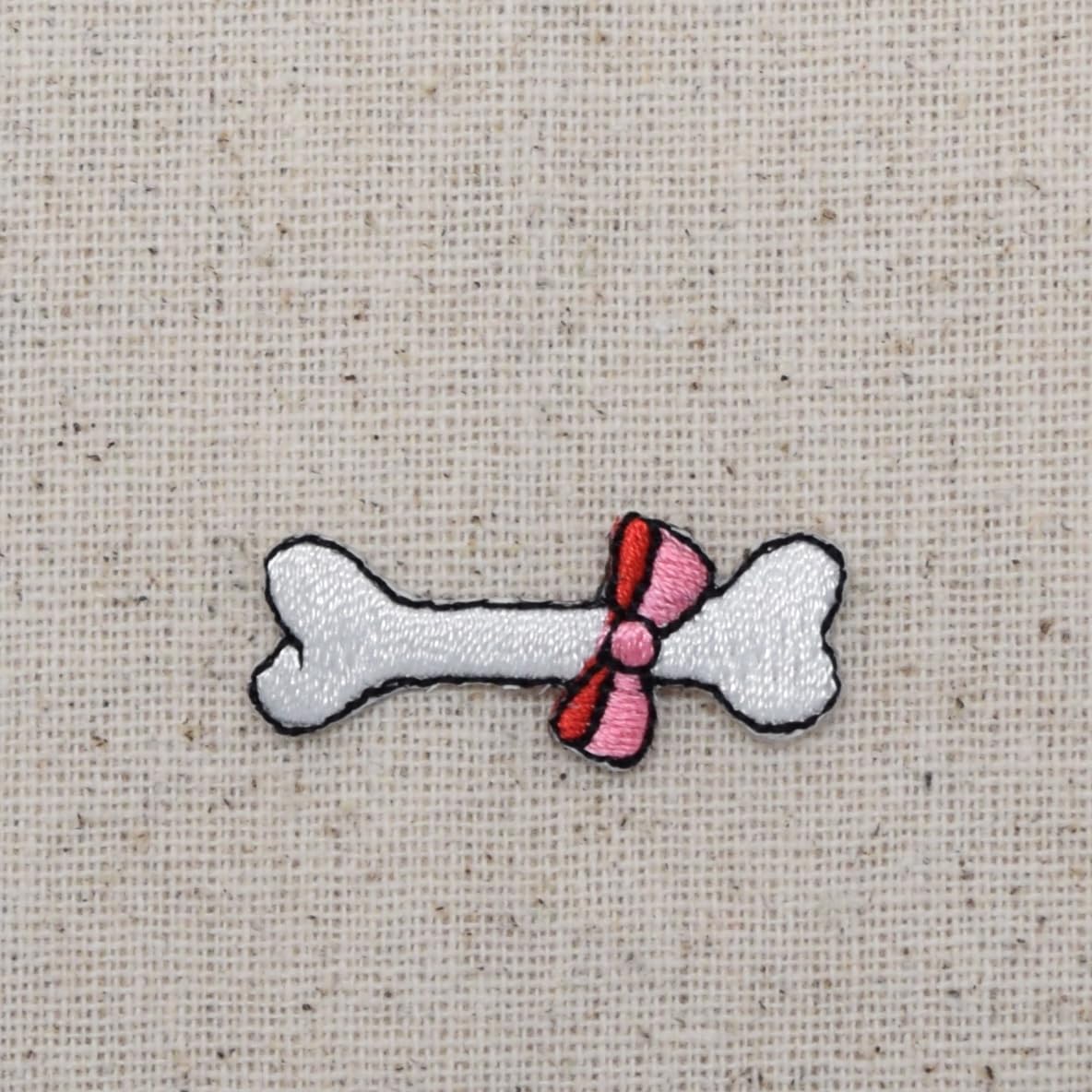 White Dog Bone with Pink Bow Embroidered Iron-On Patch for Pets - Perfect for DIY Pet Clothes, Costumes & Accessories