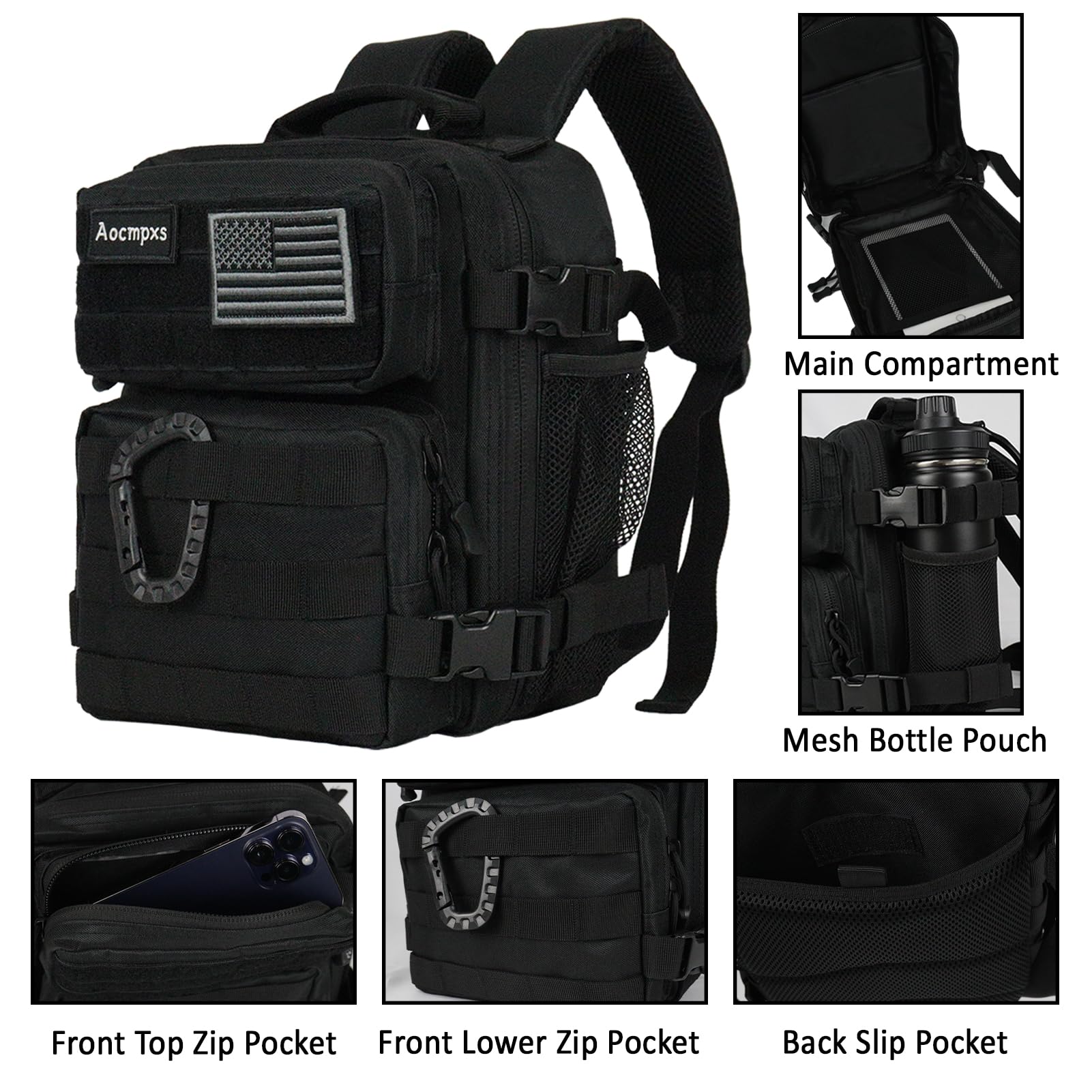 Mini Tactical Backpack 9L - Small Military Molle Pack with US Flag Patch & Carabiner - Lightweight Gym Sports Bag for Men & Women (Black) - Perfect for Hiking, Travel, Workout & Everyday Use