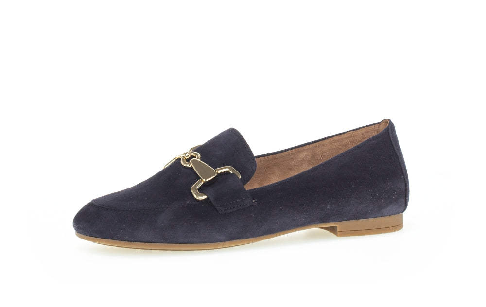 Gabor Navy Suede Loafers for Women with Gold Buckle - Classic Comfortable Slip-On Shoes for Work, Office & Casual Wear (Style 21136)