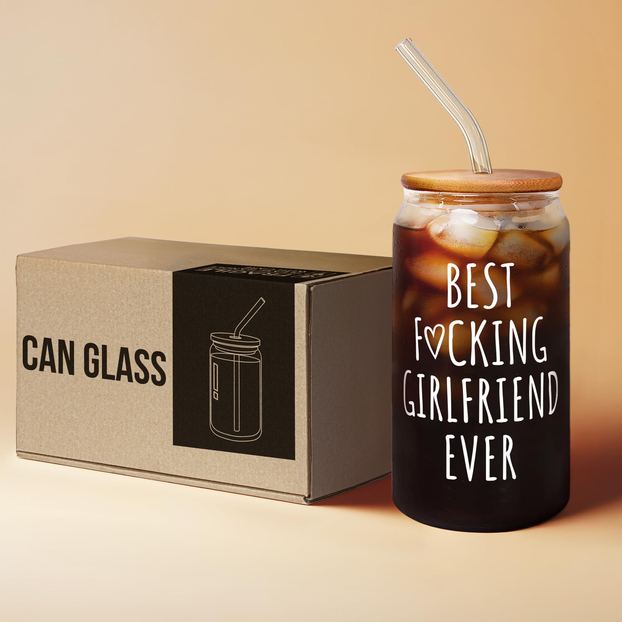 Romantic Gifts for Girlfriend - 16 Oz Can Glass with Lid - Perfect Anniversary, Birthday & Valentine's Day Present for Her - Thoughtful Couple Gift for Women - Great for Coffee, Beer & Cold Drinks at Home or Date Night
