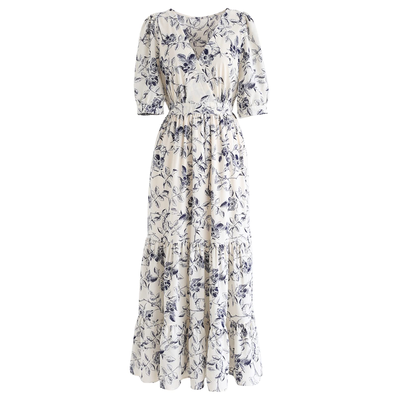 CHICWISH Women's Navy Blue Floral Wrap Maxi Dress with Ruffles - Perfect for Summer Beach Vacations, Date Nights & Special Occasions