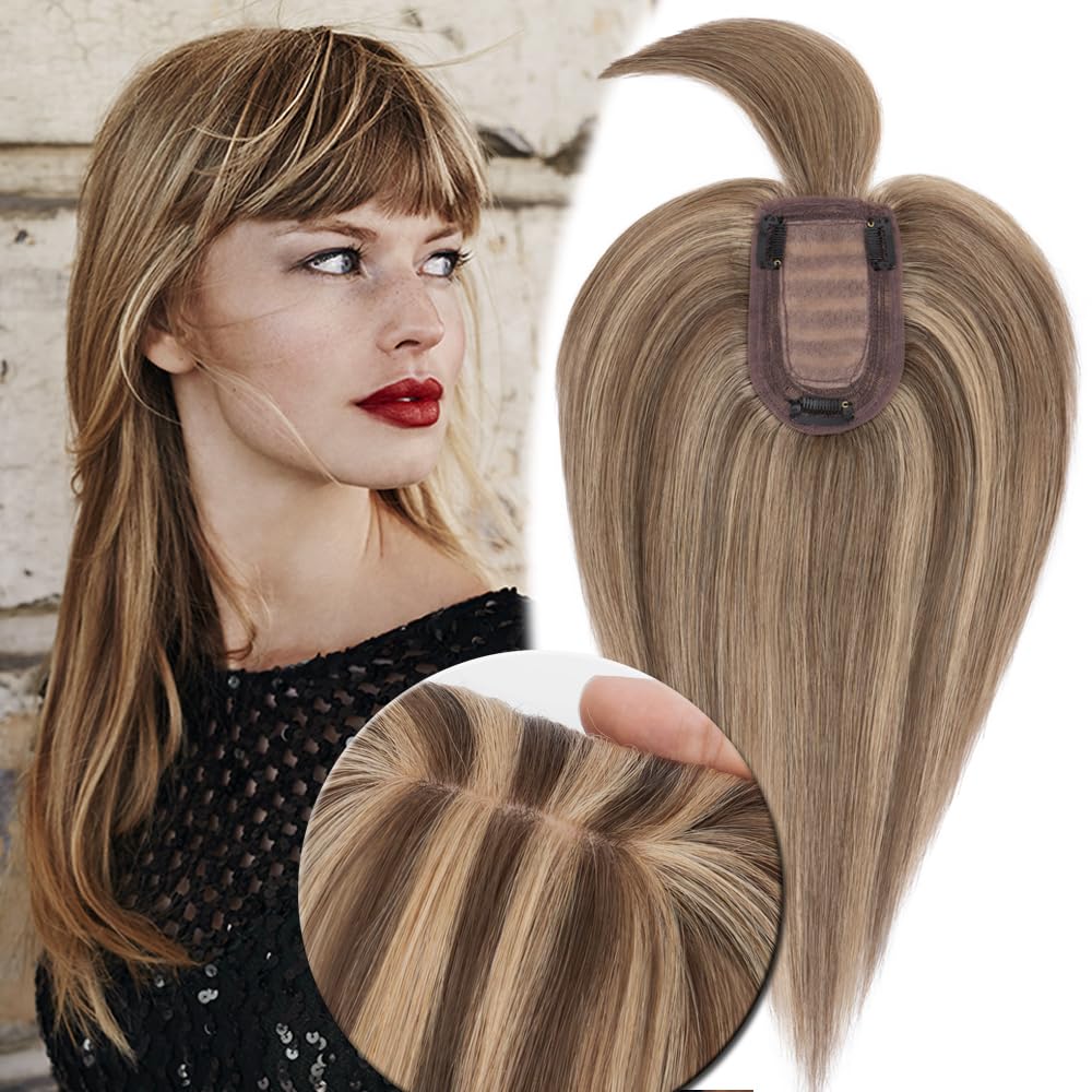 MY-LADY Human Hair Toppers for Women - 150% Density Remy Hair Silk Base Clip-in Hairpiece (7x13cm) with Bangs - Straight Hair Topper for Thinning Hair - 14 Inch #4P27 Medium Brown & Dark Blonde - Perfect for Daily Wear, Parties & Special Occasions