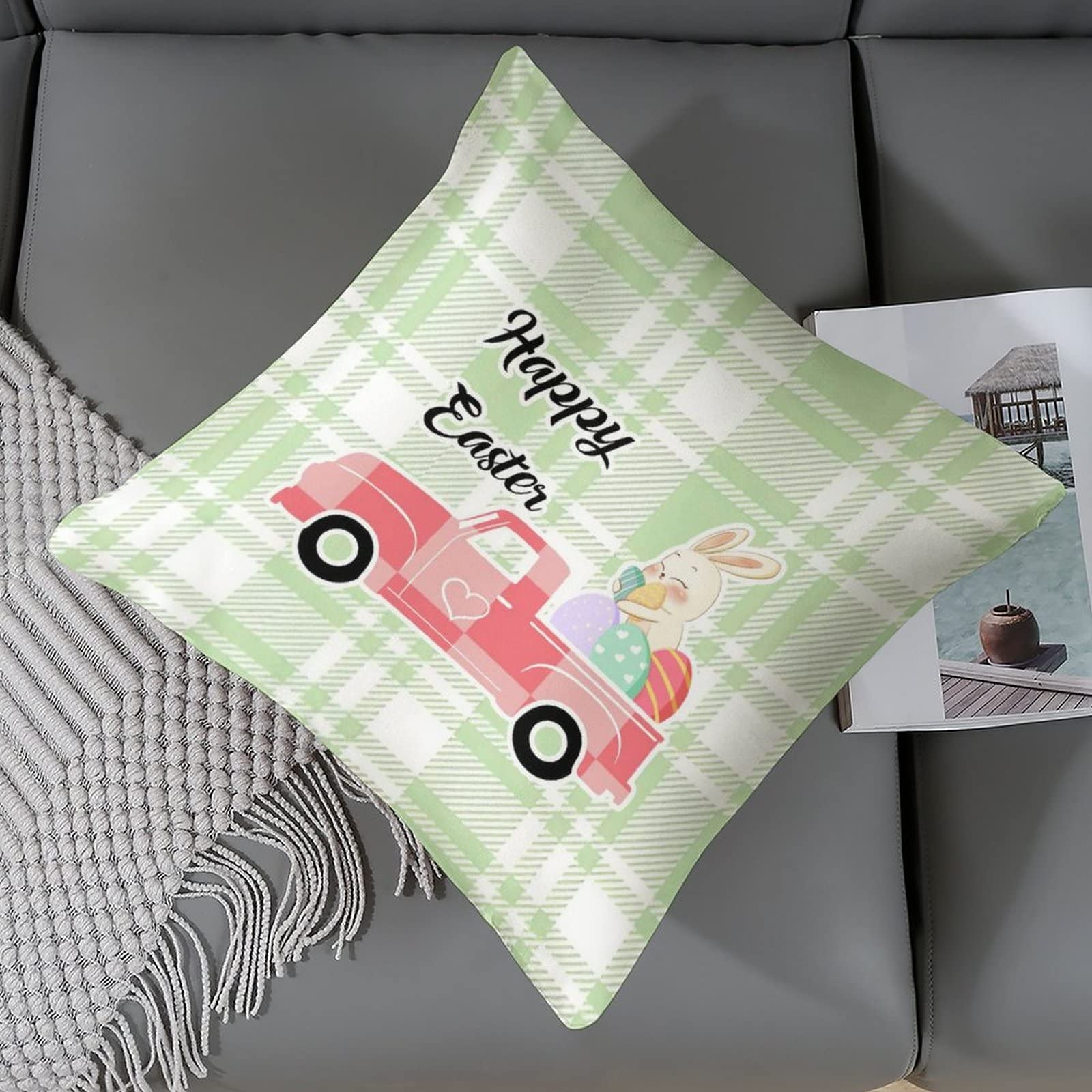 Happy Easter Cartoon Rabbit Bunny Eggs Buffalo Plaid Silk Throw Pillow Covers 26x26 - Decorative Easter Pillow Covers for Living Room, Bedroom, Sofa | Easter Home Decor, Spring Party Decorations, Holiday Gift Idea