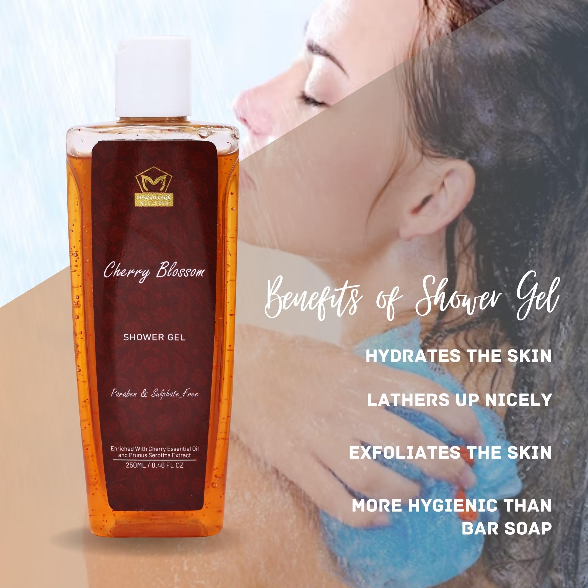 Maquillage Wellness Cherry Blossom Shower Gel - Soothing & Nourishing Body Wash with Cherry Essential Oil for Men & Women | 250ml Hydrating Formula for Dry Skin | Perfect for Daily Shower & Spa Relaxation