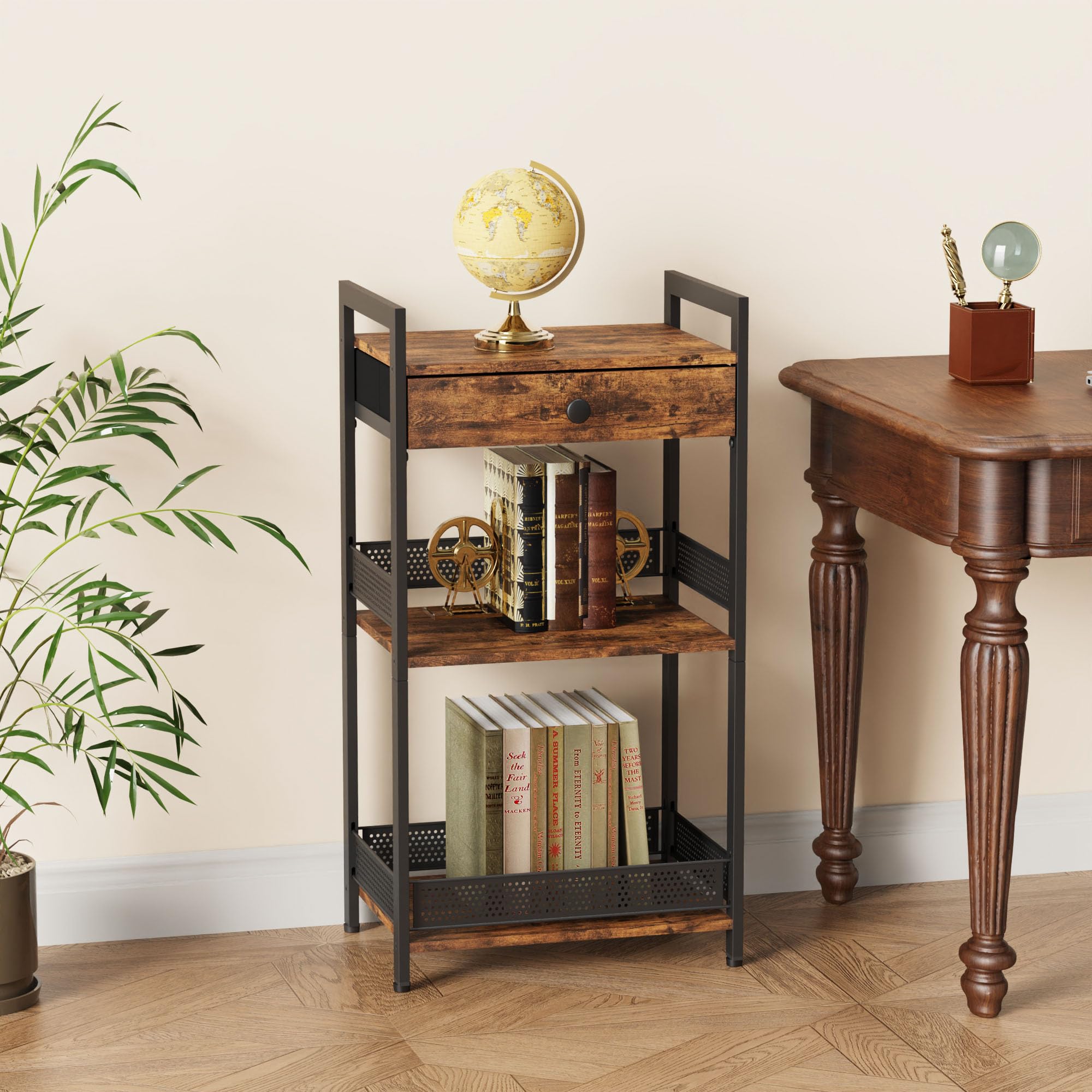 FAVOOSTY 3-Tier Bathroom Ladder Shelf with Drawer - Freestanding Towel Rack, Storage Organizer for Bath Essentials, Books & Decor - Rustic Brown Wooden Shelf for Bathroom, Living Room & Balcony | Perfect for Small Space Organization & Home Decor