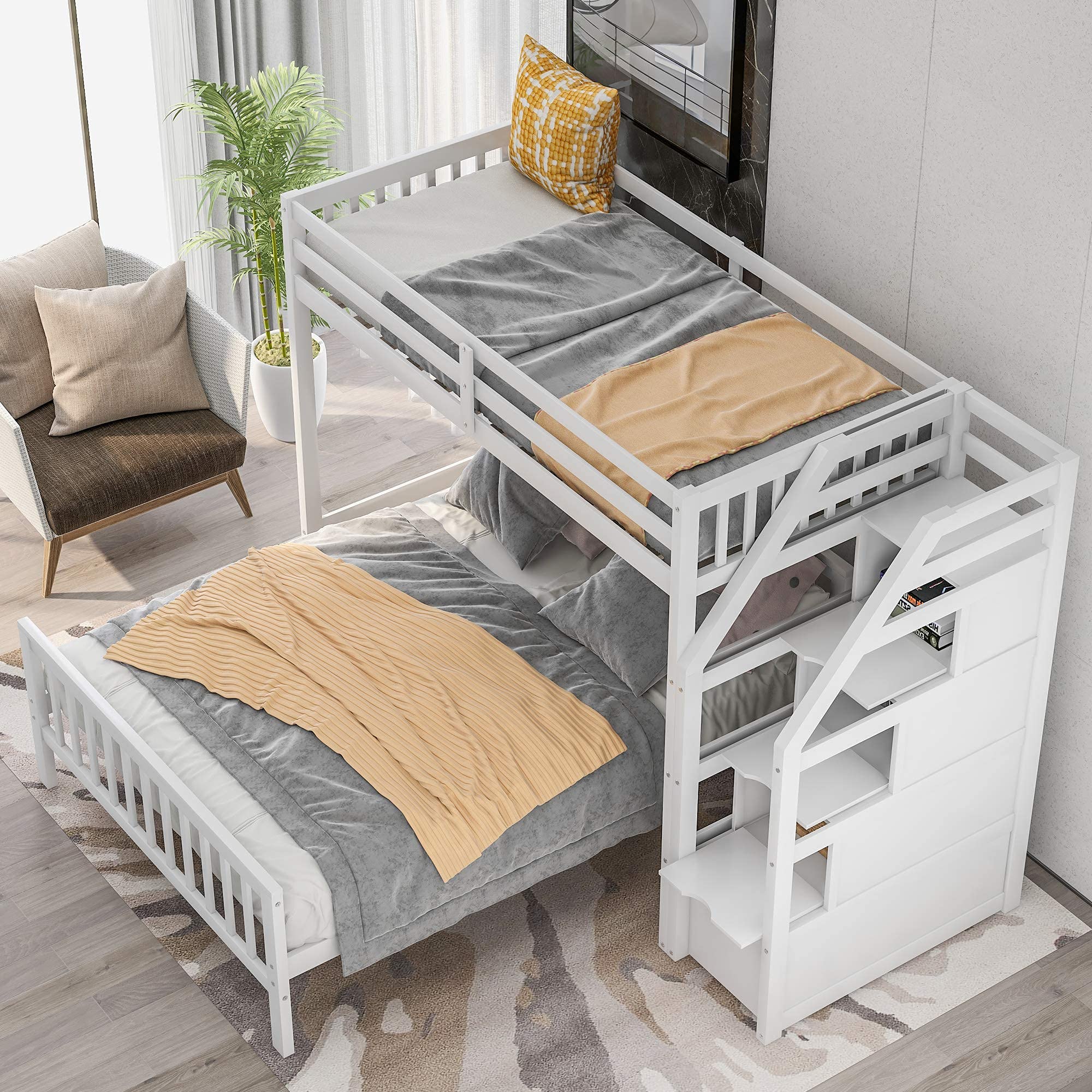 Harper & Bright Designs Twin Over Full L-Shaped Wooden Bunk Beds for Kids with Stairway & Storage - No Box Spring Needed - White | Space-Saving Loft Bed for Small Rooms, Guest Rooms & Kids' Bedrooms
