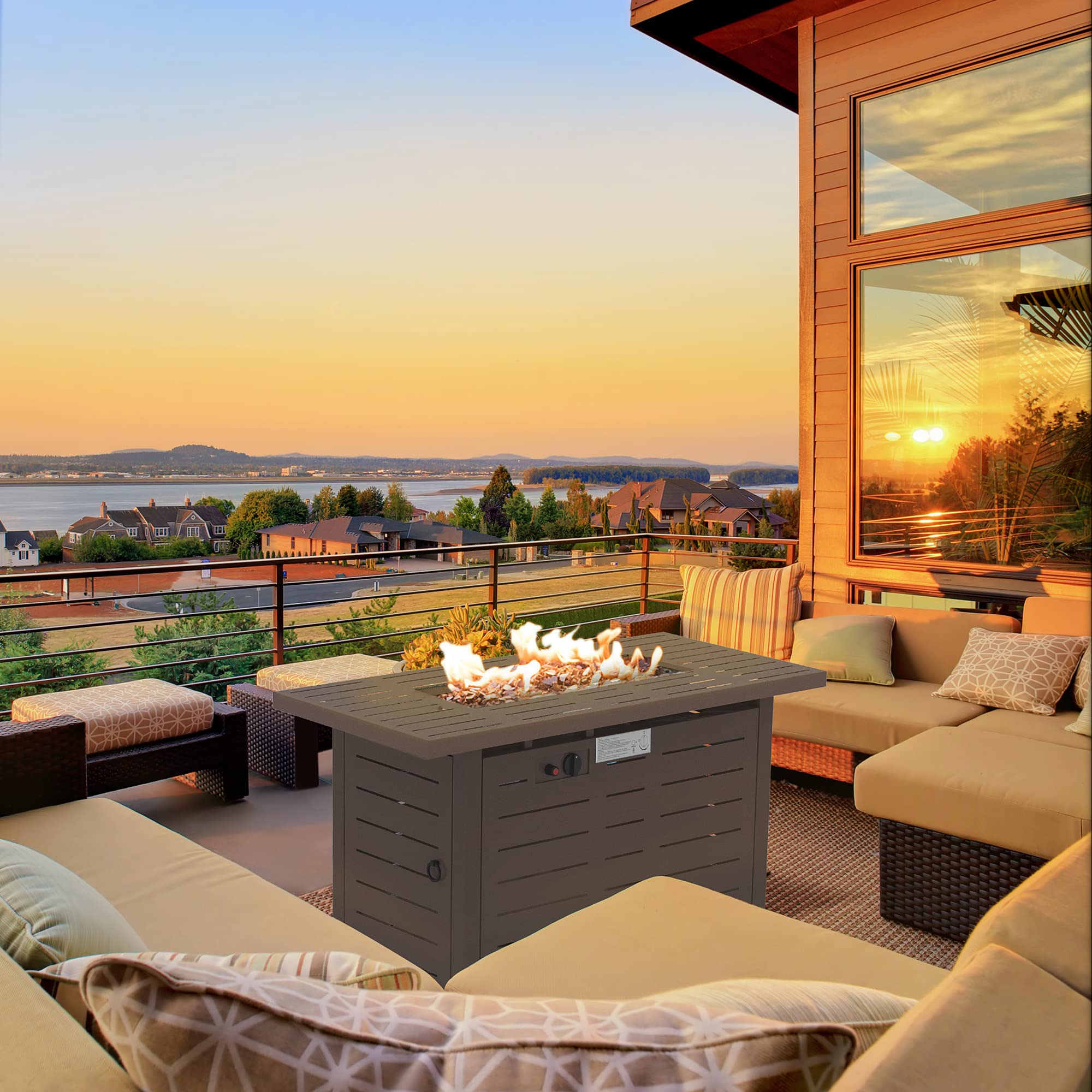 Outsunny 42 Inch Outdoor Propane Fire Pit Table - 50,000 BTU Auto-Ignition Rectangular Gas Fire Pit with Slat Tabletop, Lid, Lava Rocks & Rain Cover - CSA Certified Brown Patio Heater for Backyard, Deck, Garden & Outdoor Gatherings