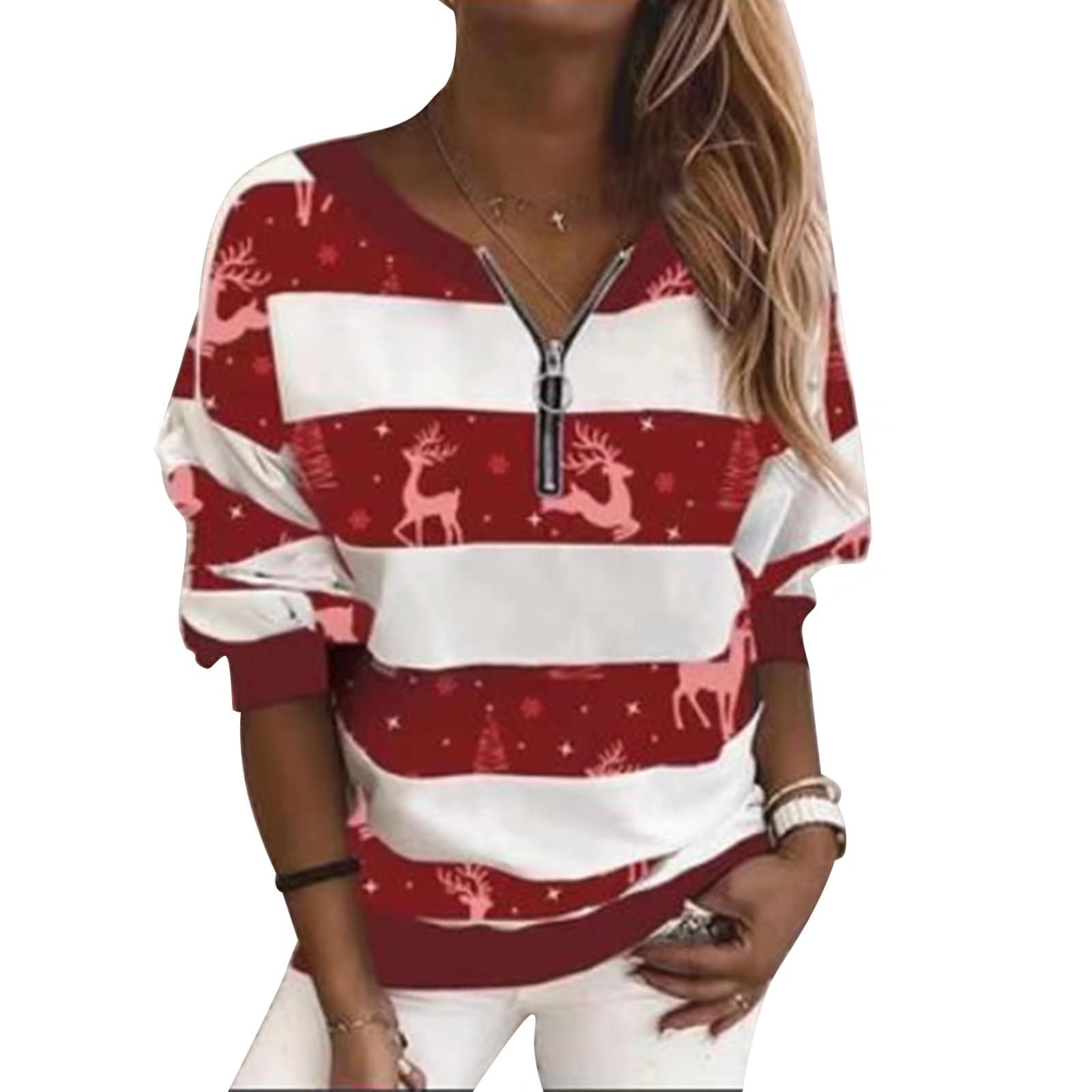 Cute Christmas Reindeer Printed Color Block Sweatshirt for Women & Teens - Long Sleeve Pullover Top for Casual Wear | Holiday Party & Winter Outfit