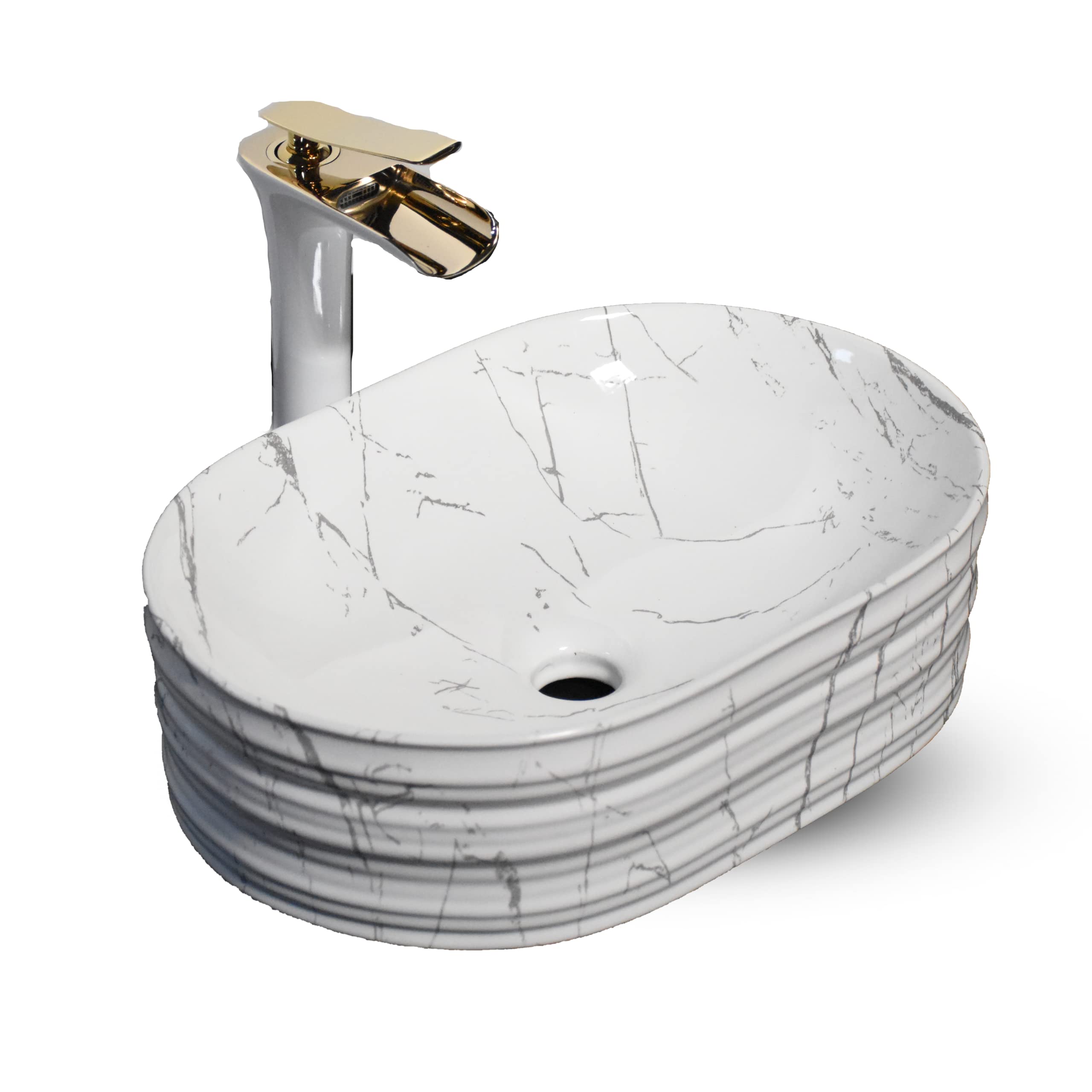 Premium White Marble Oval Ceramic Vessel Sink - 19x13x5 Inch Bathroom Wash Basin with Glossy Finish - Elegant Designer Sink for Modern Vanities, Powder Rooms & Luxury Bathroom Decor