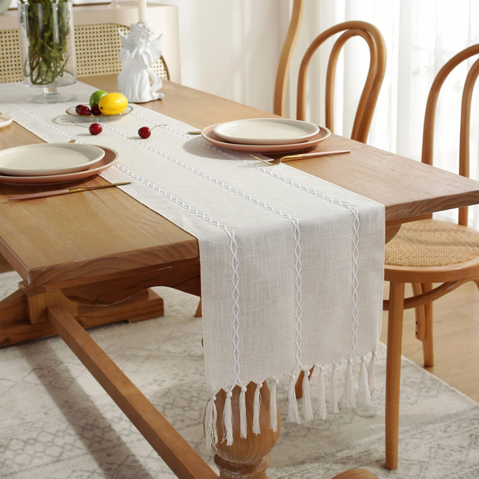 Jeloris Braided Striped Table Runner - Farmhouse Cotton Linen Tablecloth with Tassels - 12x108 Inch Cream Table Decor for Christmas, Parties, Dinner & Kitchen - Perfect for Holiday Gatherings, Birthday Celebrations & Home Decor