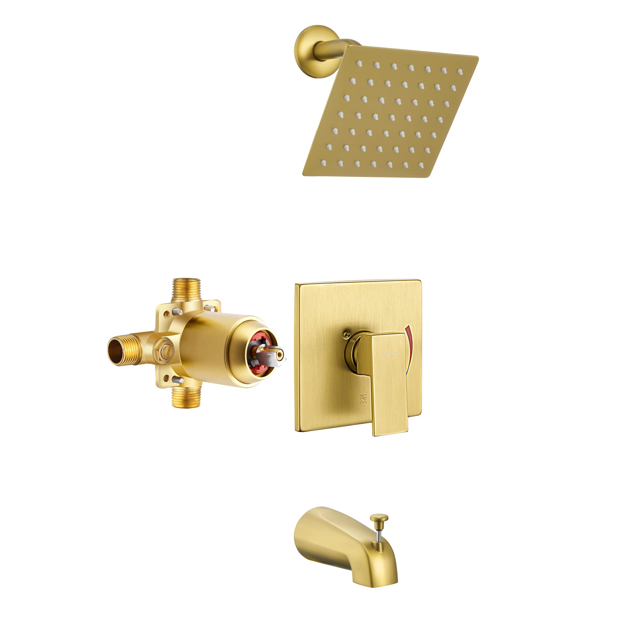 Premium Brushed Gold Shower Tub Faucet Kit - 6-Inch Rain Shower Head & Tub Spout with Valve - Single Handle Bathroom Fixture for Modern Home Renovation - Perfect for Master Bath, Guest Bath & Spa-Like Shower Experience