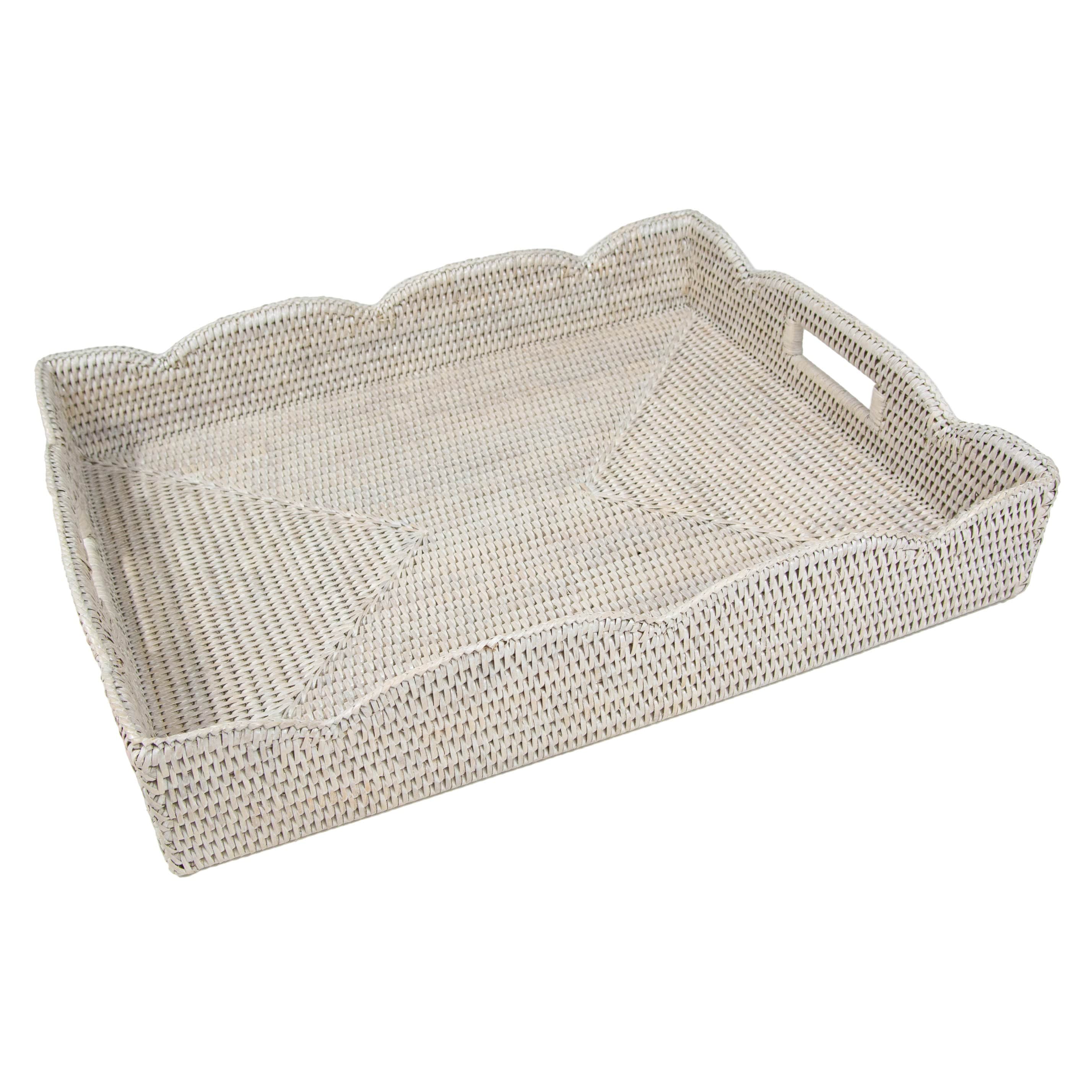 Large Handled Scallop Rattan Tray Set - Natural Woven Storage Basket for Home Decor, Bathroom Organization & Coffee Table Display