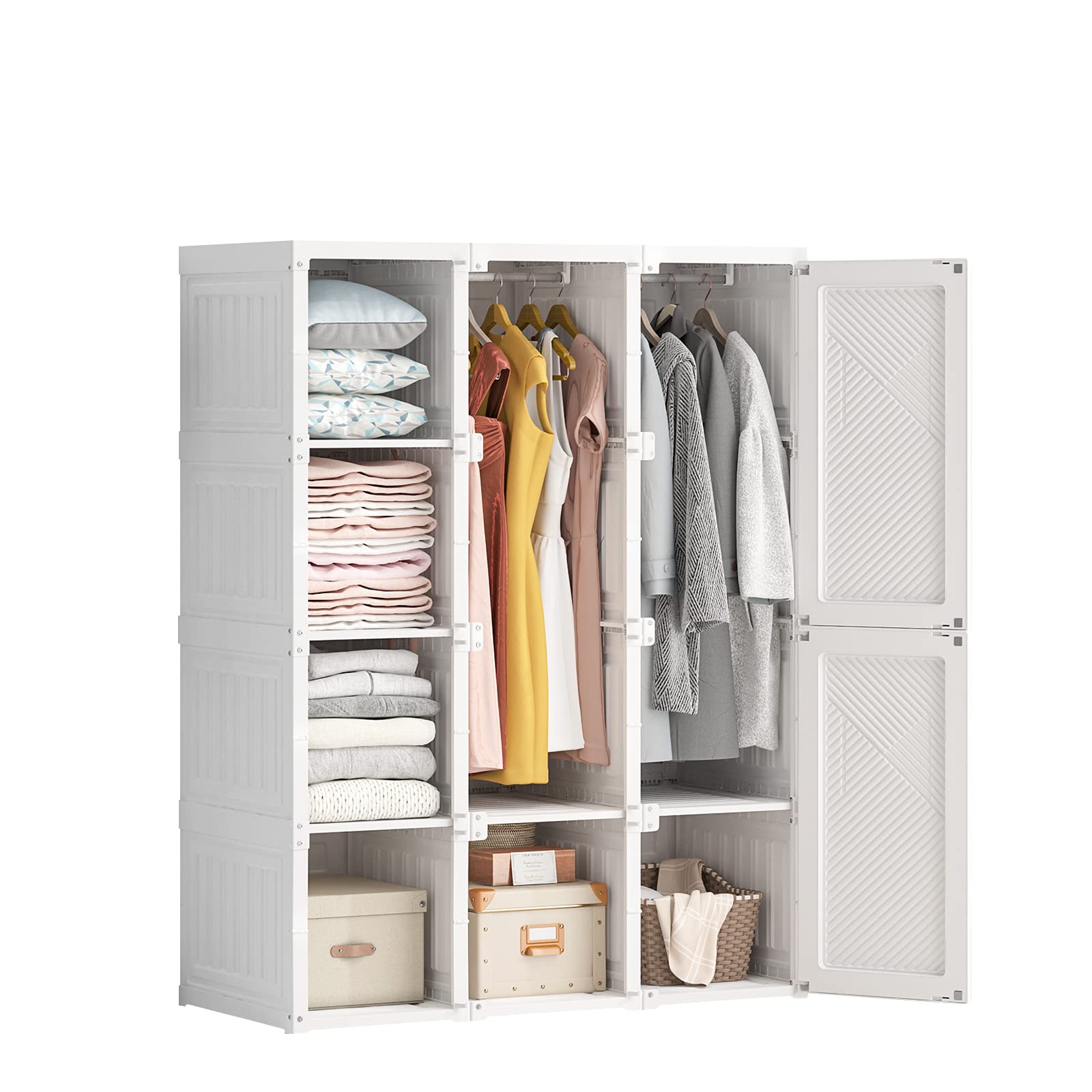 Portable Closet Wardrobe with Hanging Rod & Doors - 12 Grids, 8 Doors, 2 Hangers - White Plastic Storage Organizer for Bedroom, Closet & Dorm Room (W12-D8-H2)