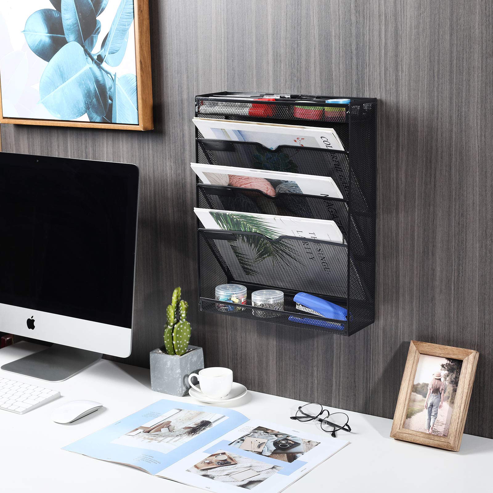 EasyPAG 5-Tier Mesh Wall Mount File Organizer with Bottom Tray - Vertical Desktop Paper Mail Holder for Office & Home - Perfect for Organizing Bills, Documents, and Office Supplies (Black)