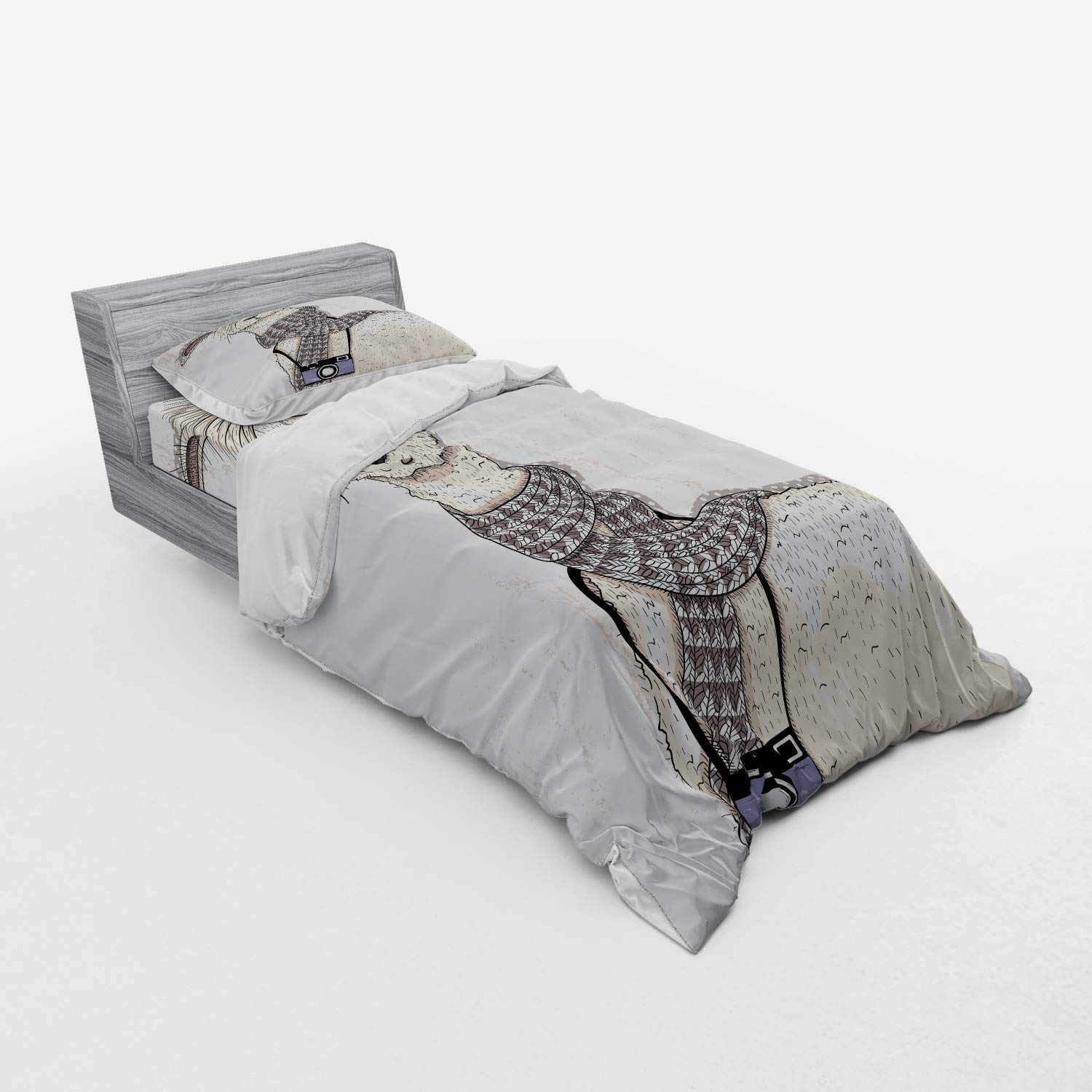 Ambesonne Llama with Camera Scarf & Glasses Duvet Cover Set - 3 Piece Twin Size Bedding with Sham & Fitted Sheet, Hipster Animal Print on Beige Dotted Background | Perfect for Kids' Rooms, Teen Bedrooms & Bohemian Decor