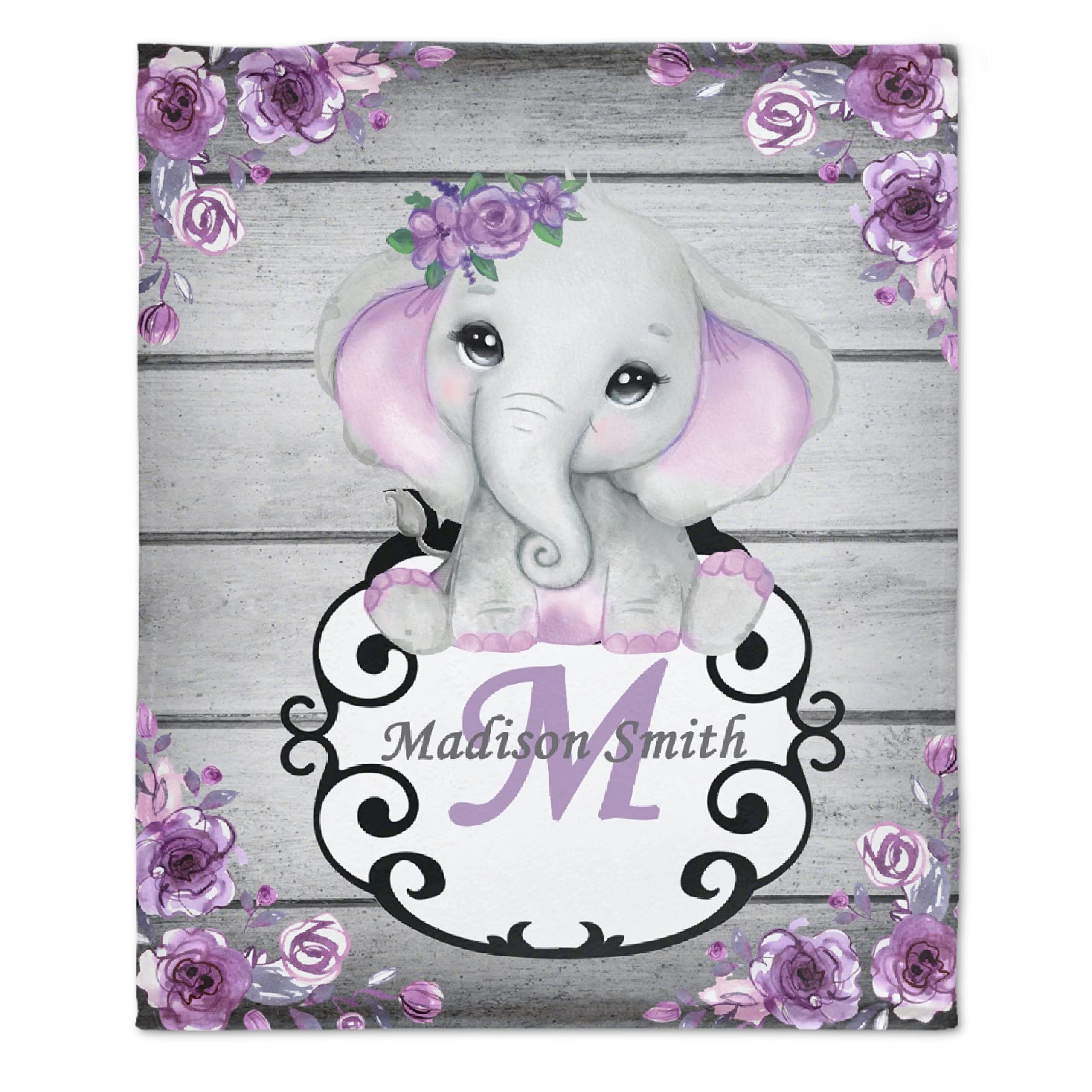 Personalized Custom Baby Blanket with Name - Purple Floral Elephant Fleece Blanket for Girls & Boys | 120x90 Inch Large Baby Shower Gift for Daughter, Granddaughter, Niece | Perfect for Nursery, Stroller, and Family Photo Props