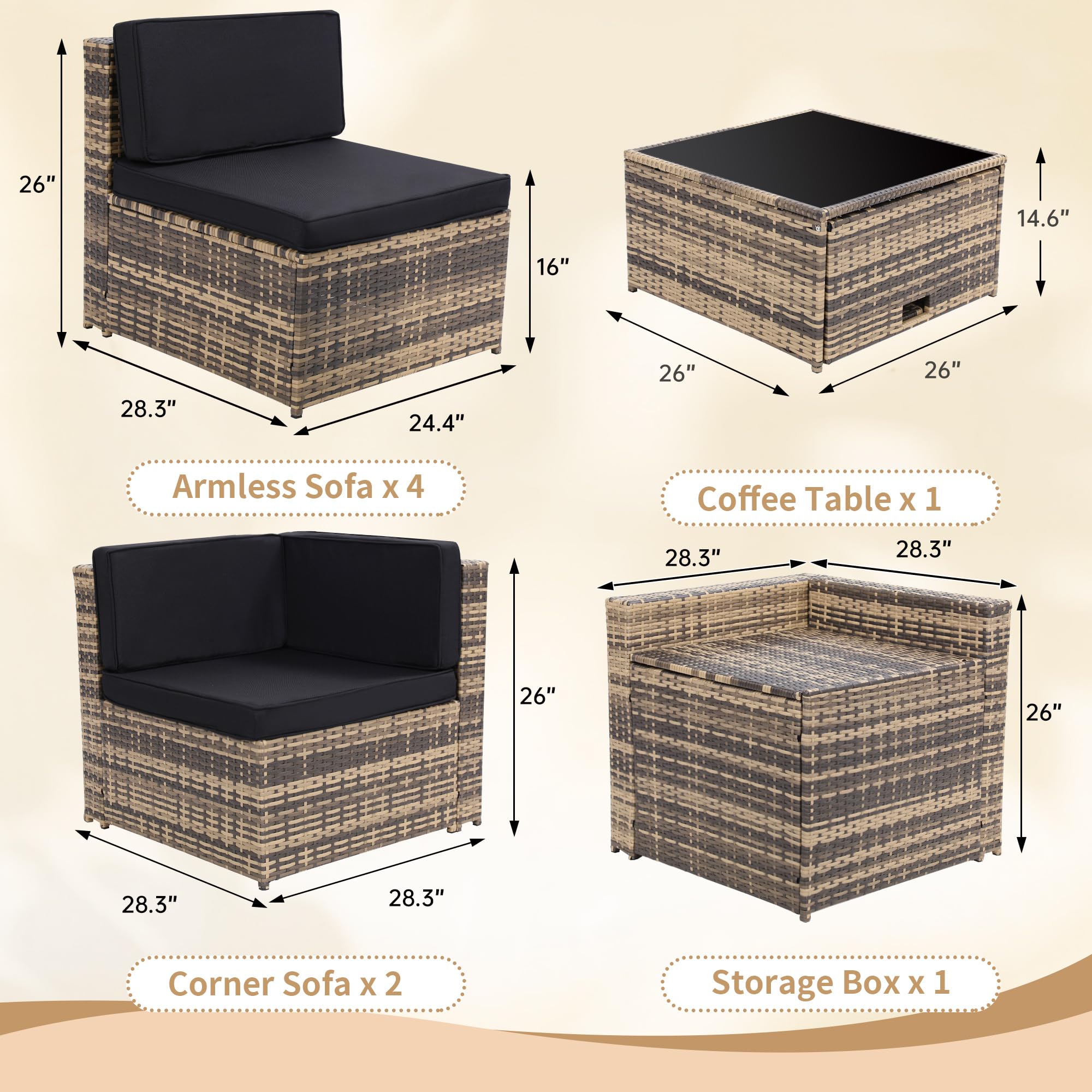 8-Piece Outdoor Wicker Patio Furniture Sectional Set with Glass Top Table & Hidden Storage - 7 Seating Components, Natural Rattan with Black Overstuffed Cushions - Perfect for Backyard, Garden, Poolside & Outdoor Lounge Areas